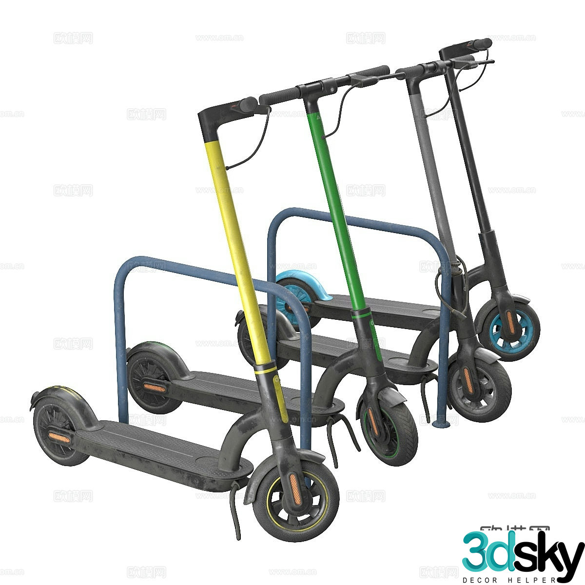 Electric scooters in different colors 3d models