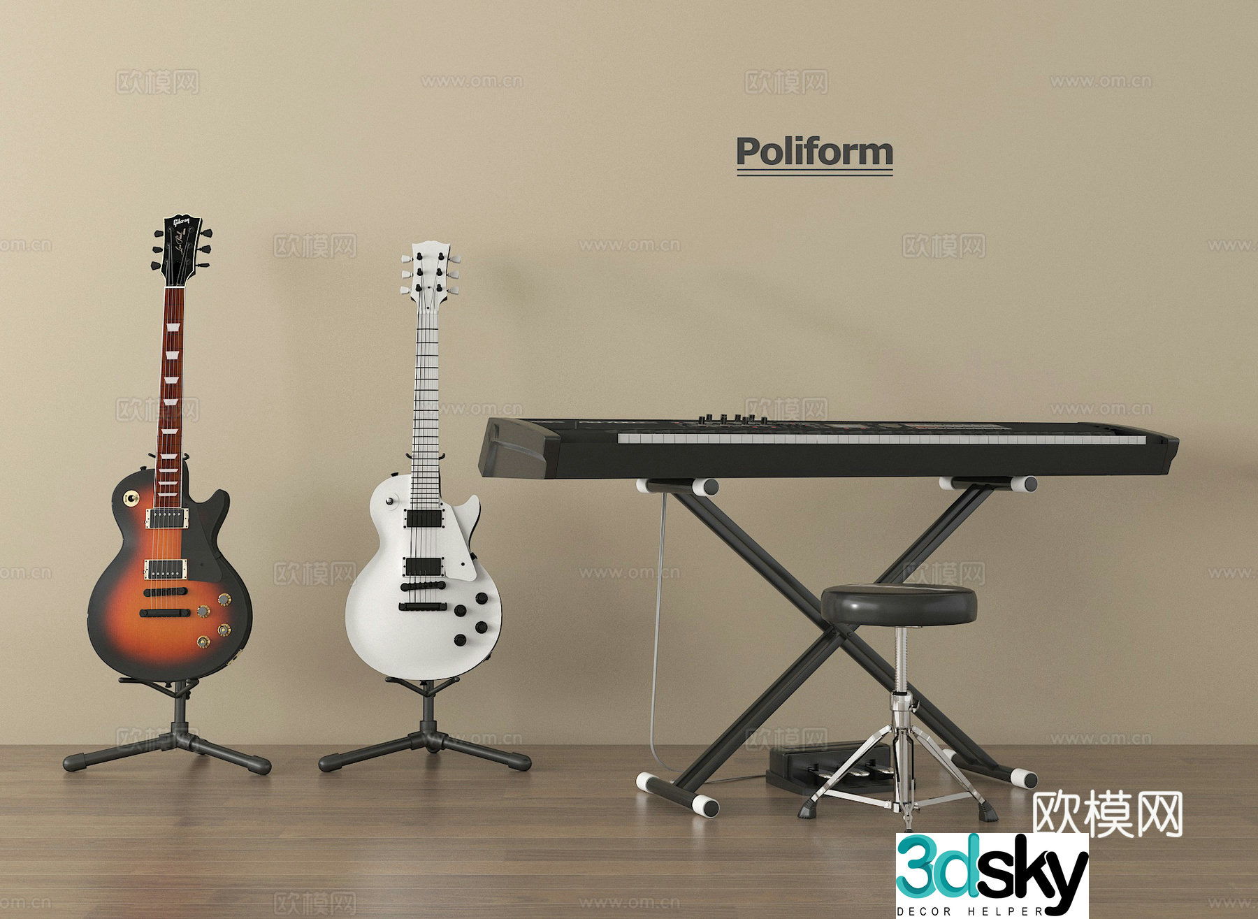 Modern musical instrument combination electric guitar electronic keyboard 3d model