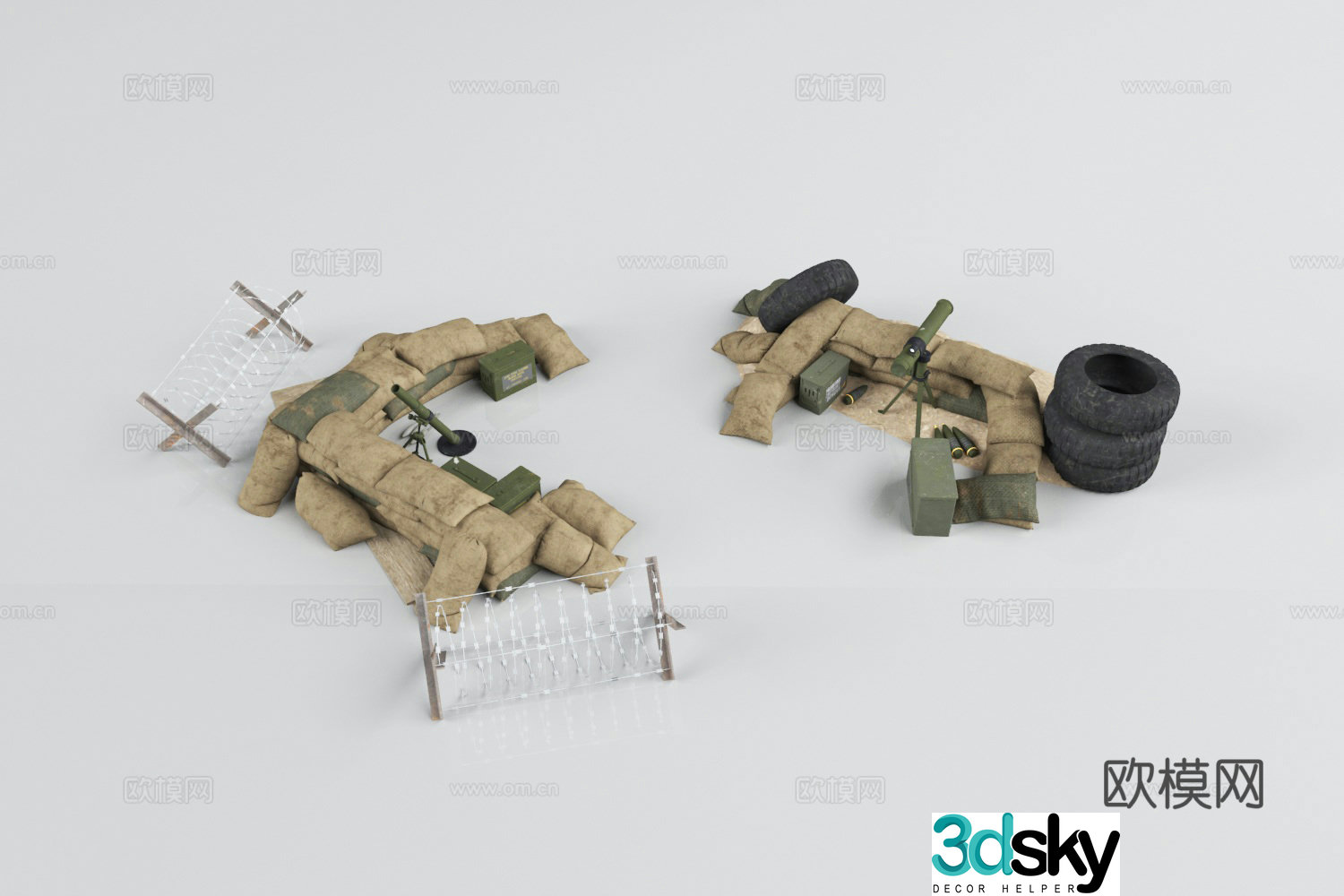 defensive position sandbags tires mortars recoilless guns barbed wire shells 3d model