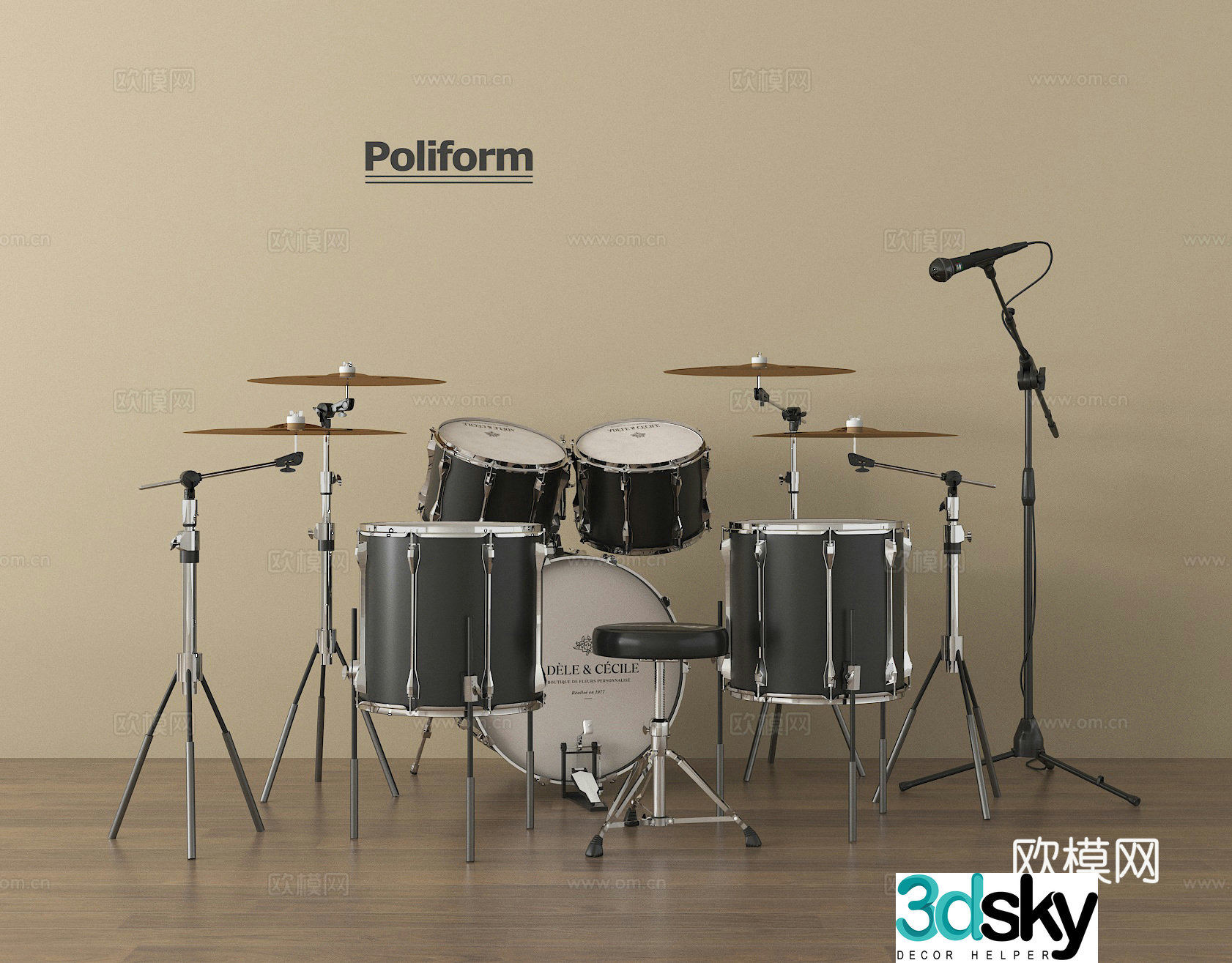 Modern musical instrument drum set 3d model