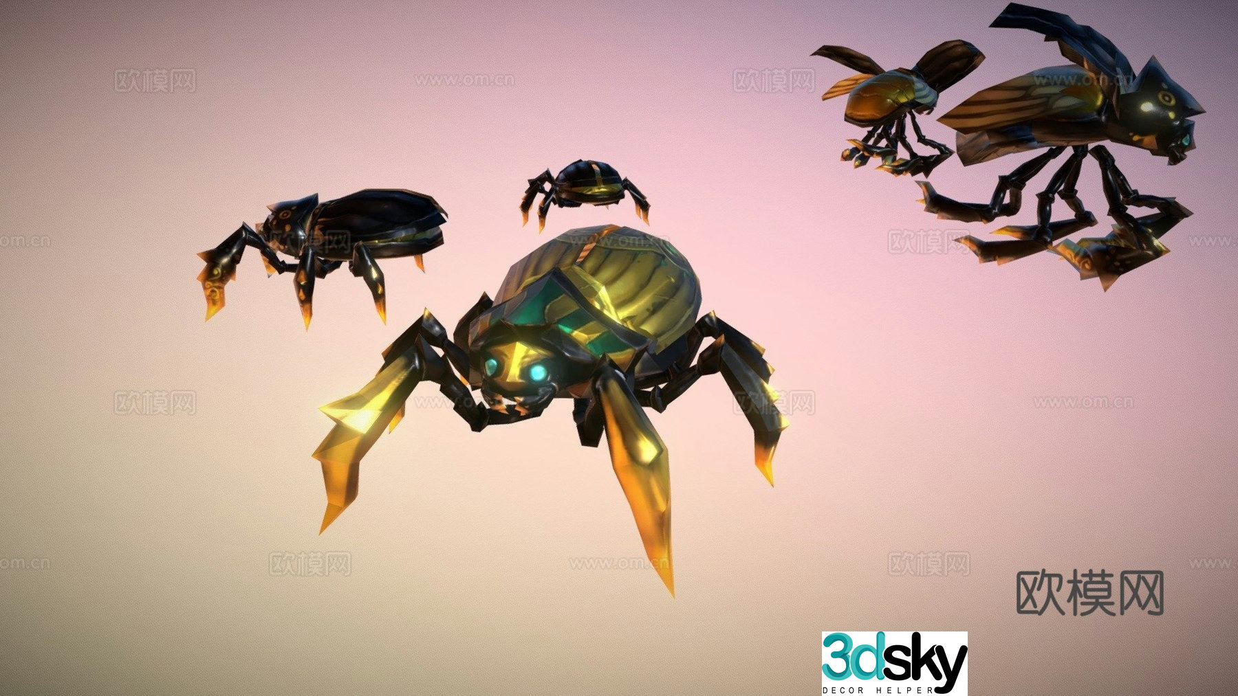 Egyptian Beetle Set - Hand Drawn Low Polygon 3d Model