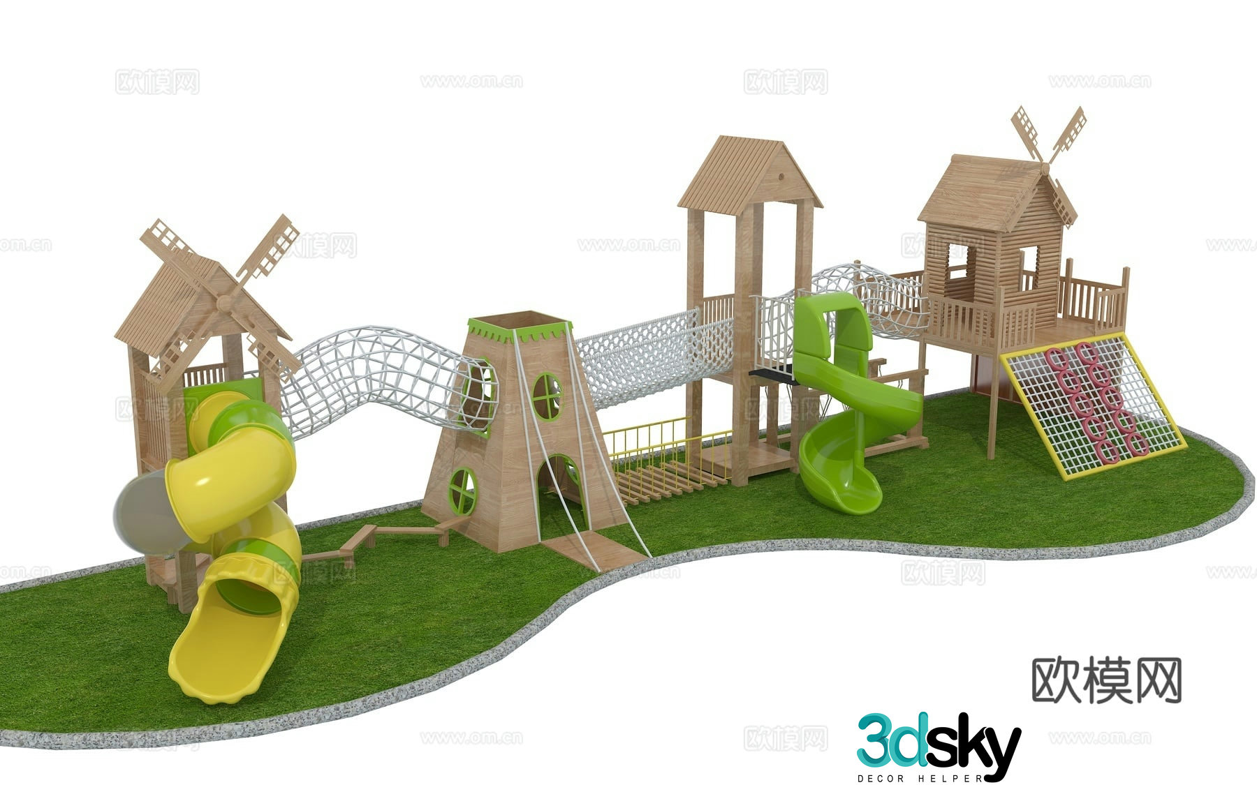 Wooden climbing slide, wooden windmill house, children's climbing house 3D model