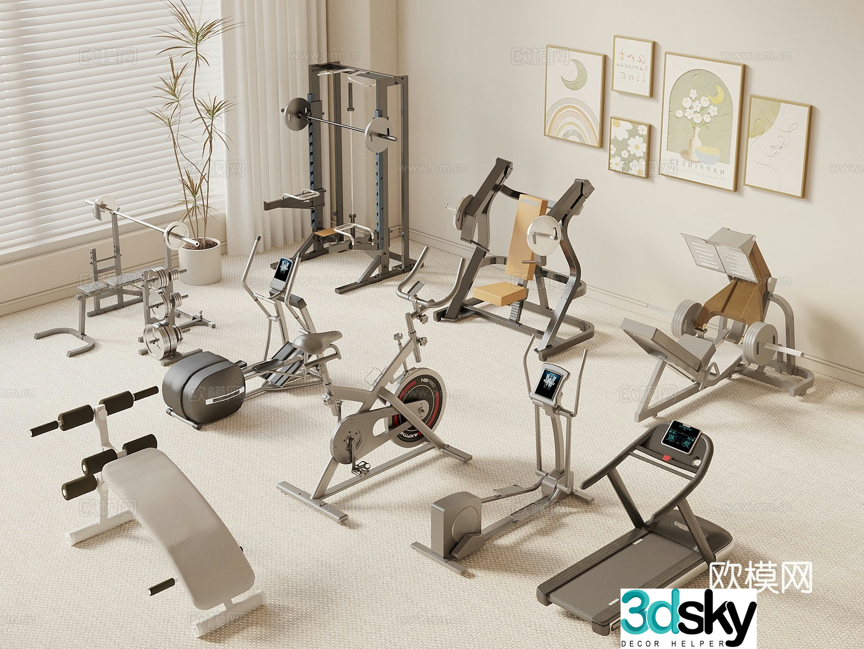 Modern fitness equipment exercise equipment dumbbell treadmill gym exercise equipment 3d model