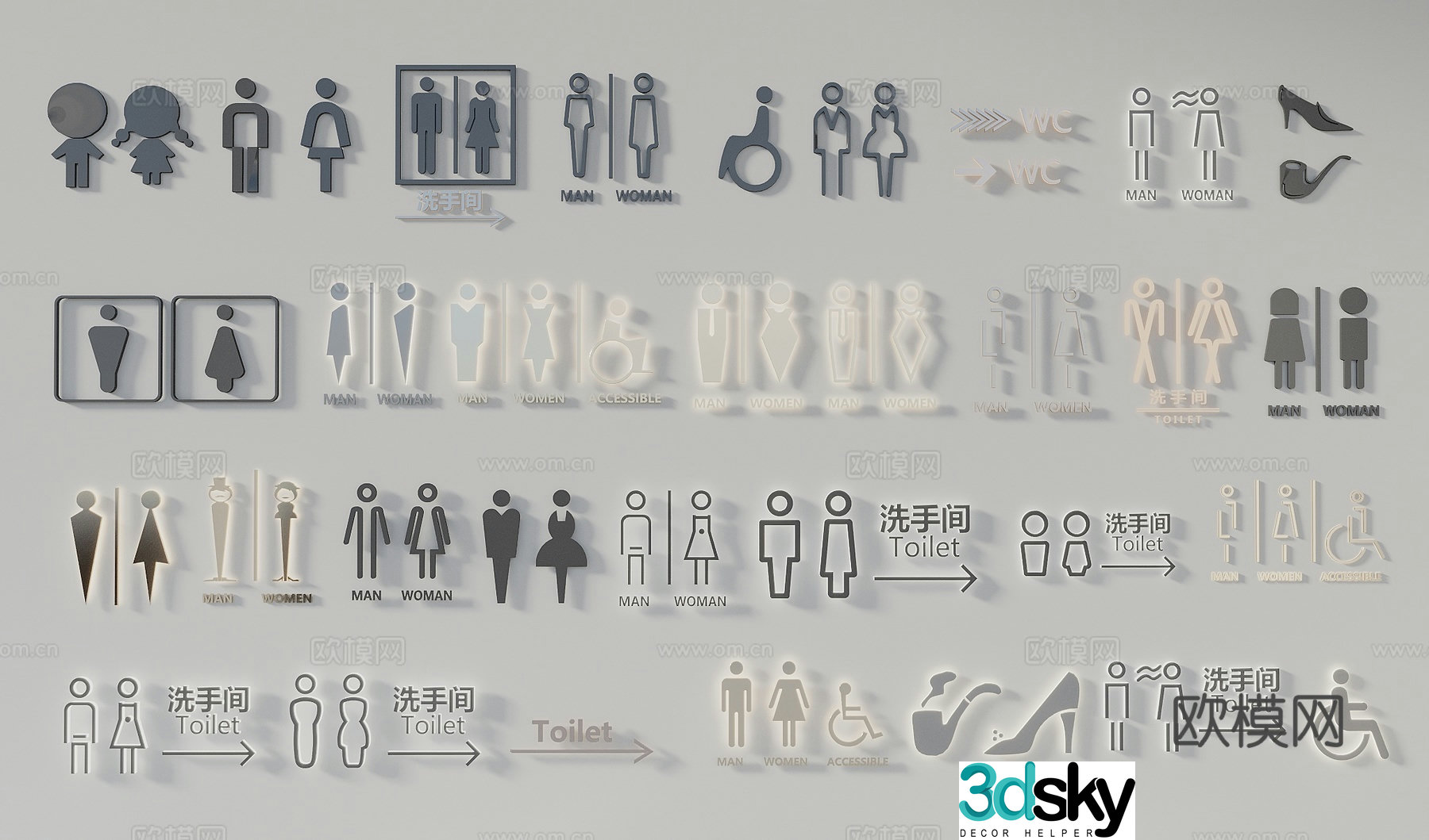 Bathroom signs, restroom signs, men's and women's bathroom signs, bathroom logo, toilet 3d model
