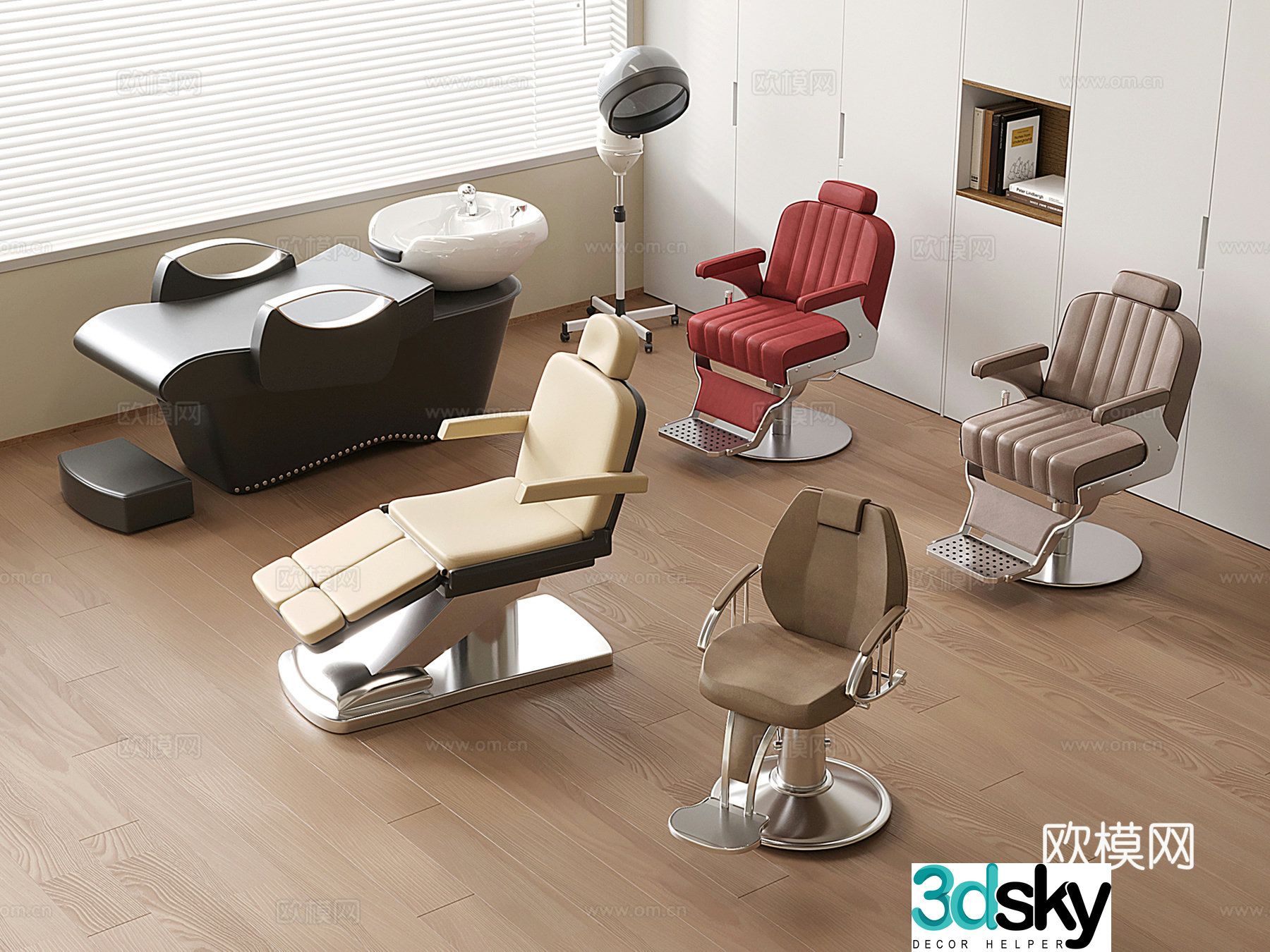 Modern barber equipment, barber chair, shampoo bed, electric beauty bed 3D model