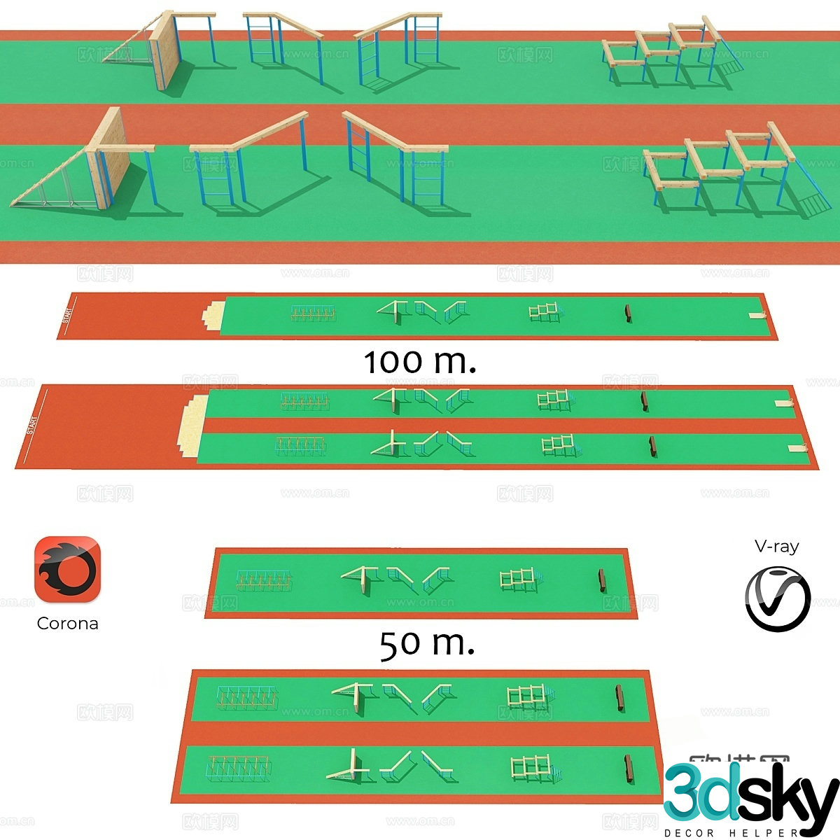 Rubber pellet coated obstacle course 3d model