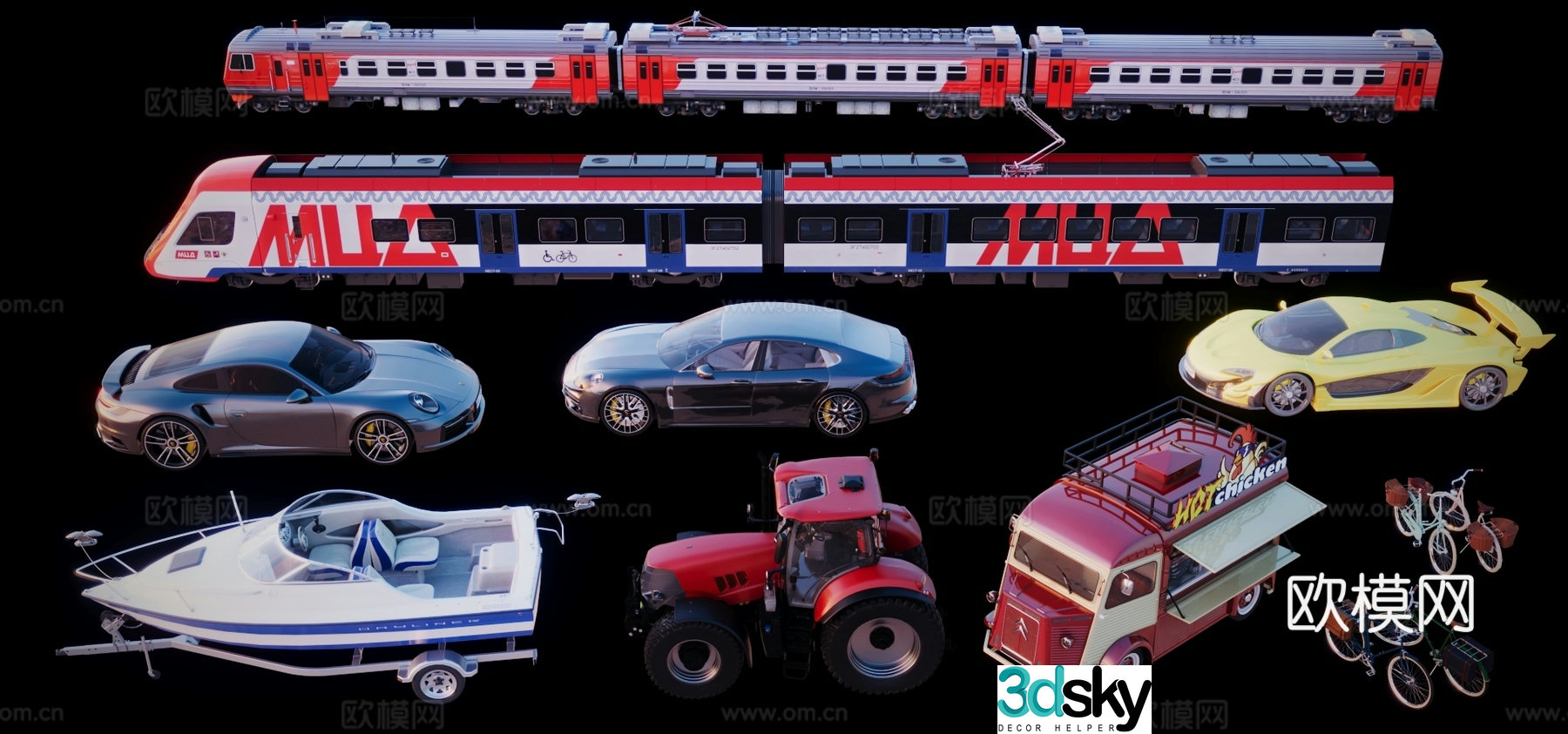 car boat motorcycle train 3d model