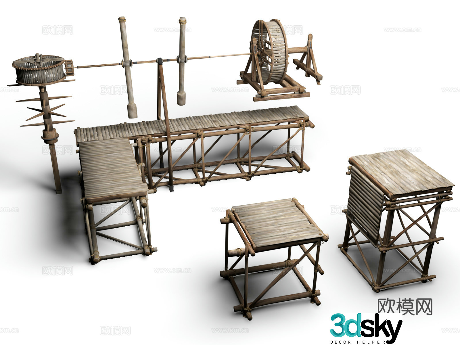 Medieval Fantasy Style Ancient Scene Medieval Waterwheel Observation Tower 3D Model