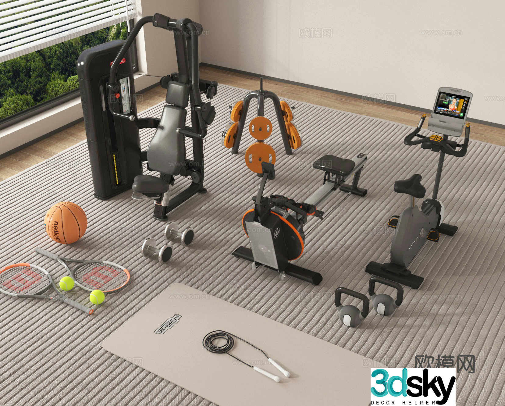 Fitness equipment combination, pedal machine, spinning bike 3d model