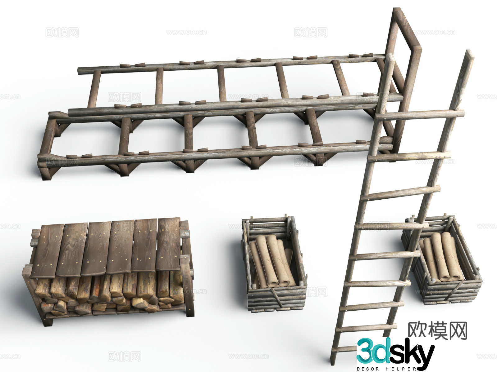 Medieval fantasy style ancient wooden ladder ancient wood ancient storage box wooden ladder 3d model