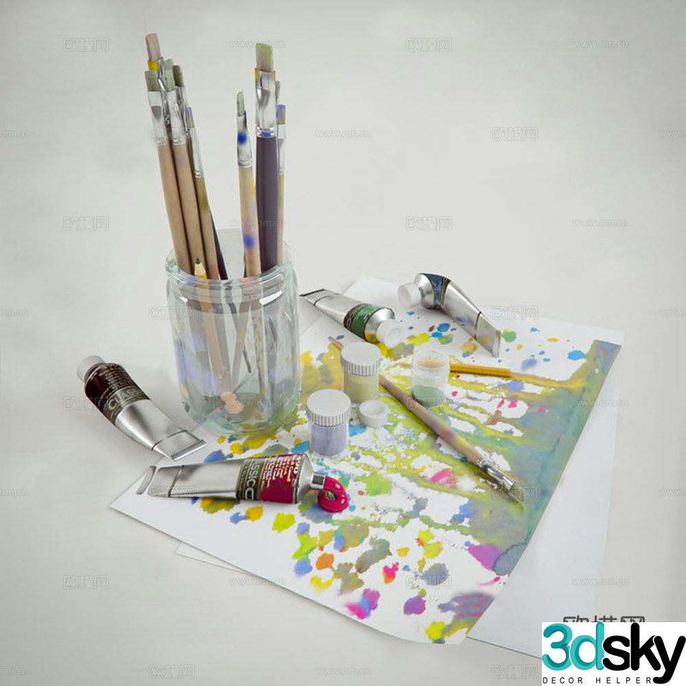 Modern brush paint art supplies set 3d model