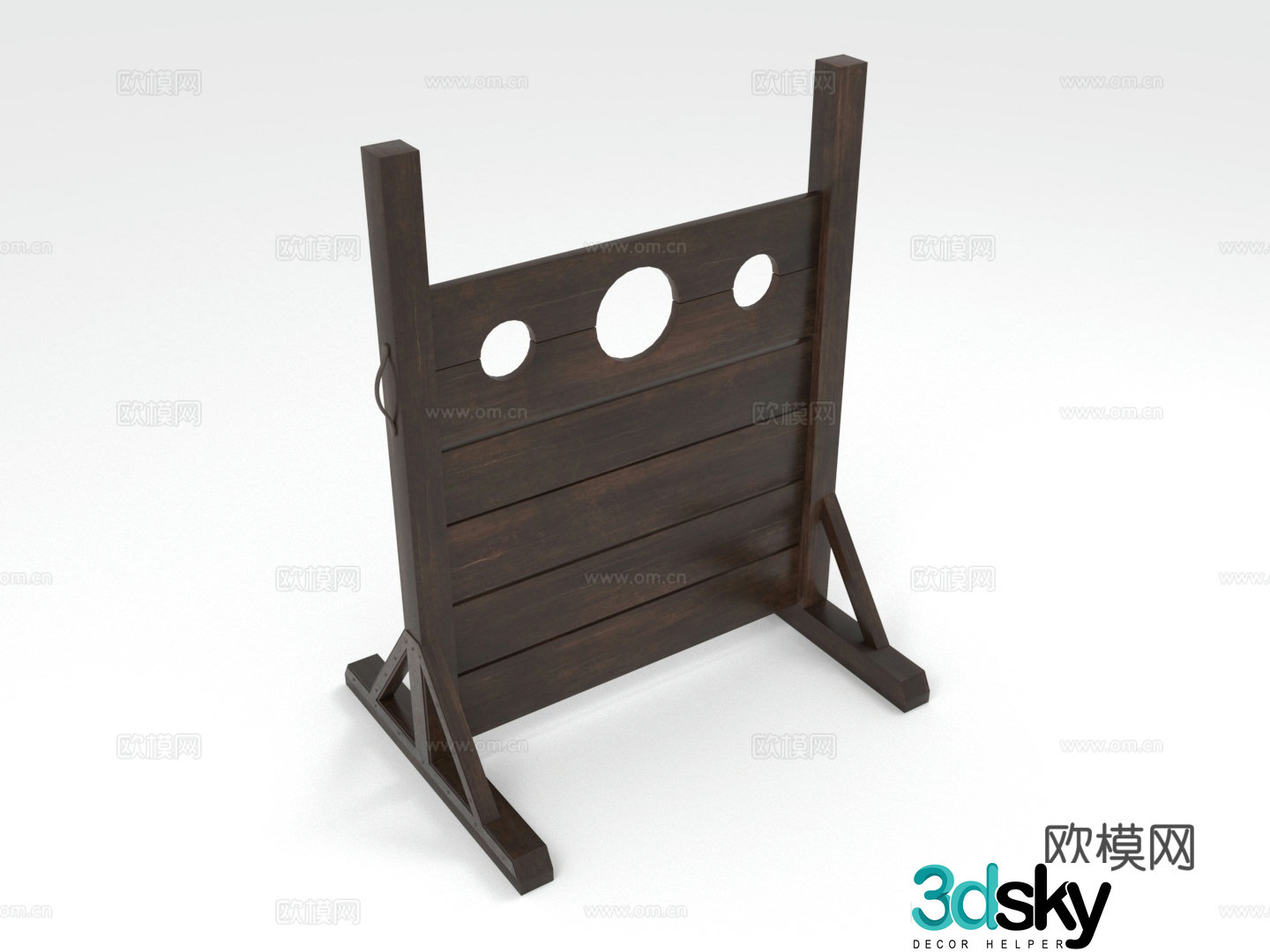 Wooden shackles, ancient torture tools, wooden prison tools, three-hole shackles, vertical shackles 3D model