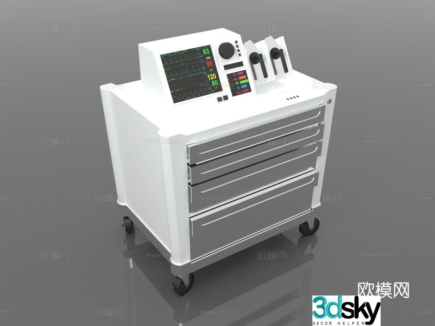 Medical cart, ECG monitor, first aid equipment, mobile workstation, treatment table 3D model