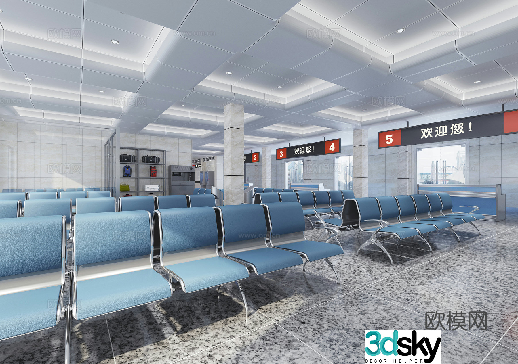 Modern station ticket waiting hall, ticket gate, ticket office, self-service ticket vending machine 3D model