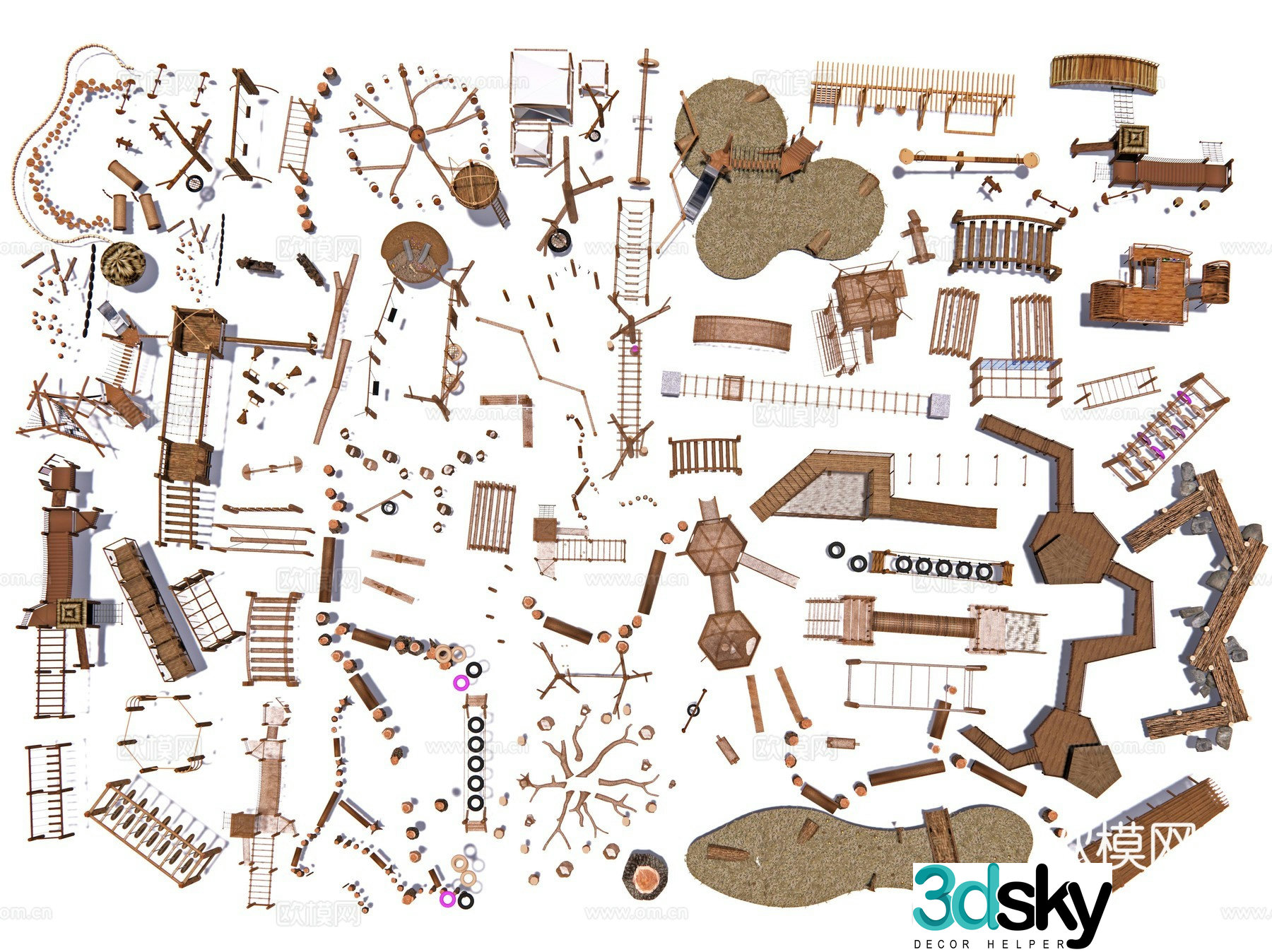 Modern unpowered children's facilities, children's slide equipment, ecological log wooden slide equipment 3D model
