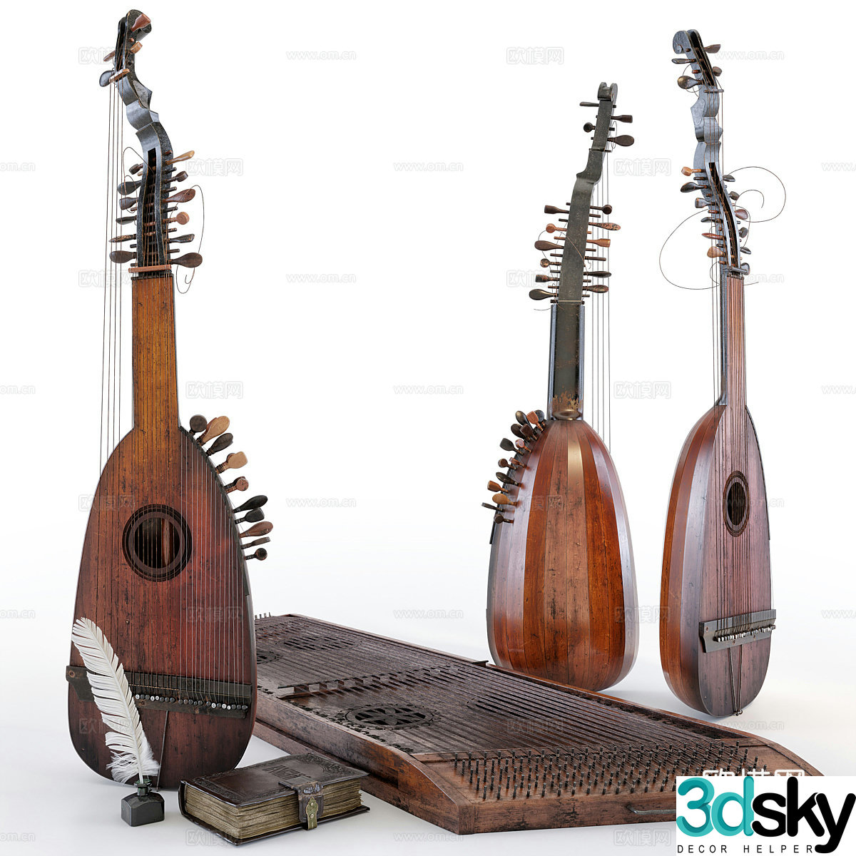 Retro musical instrument set Pipa 3D model