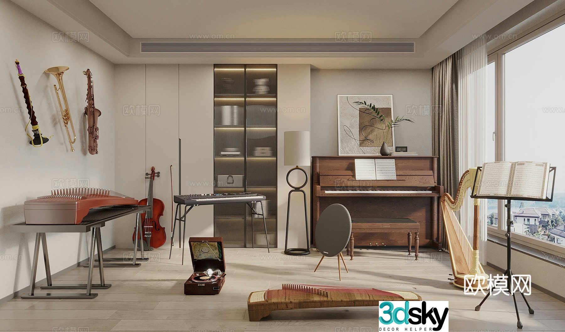 Retro modern musical instruments guzheng guitar drumming pipa drum set musical instrument room 3d model