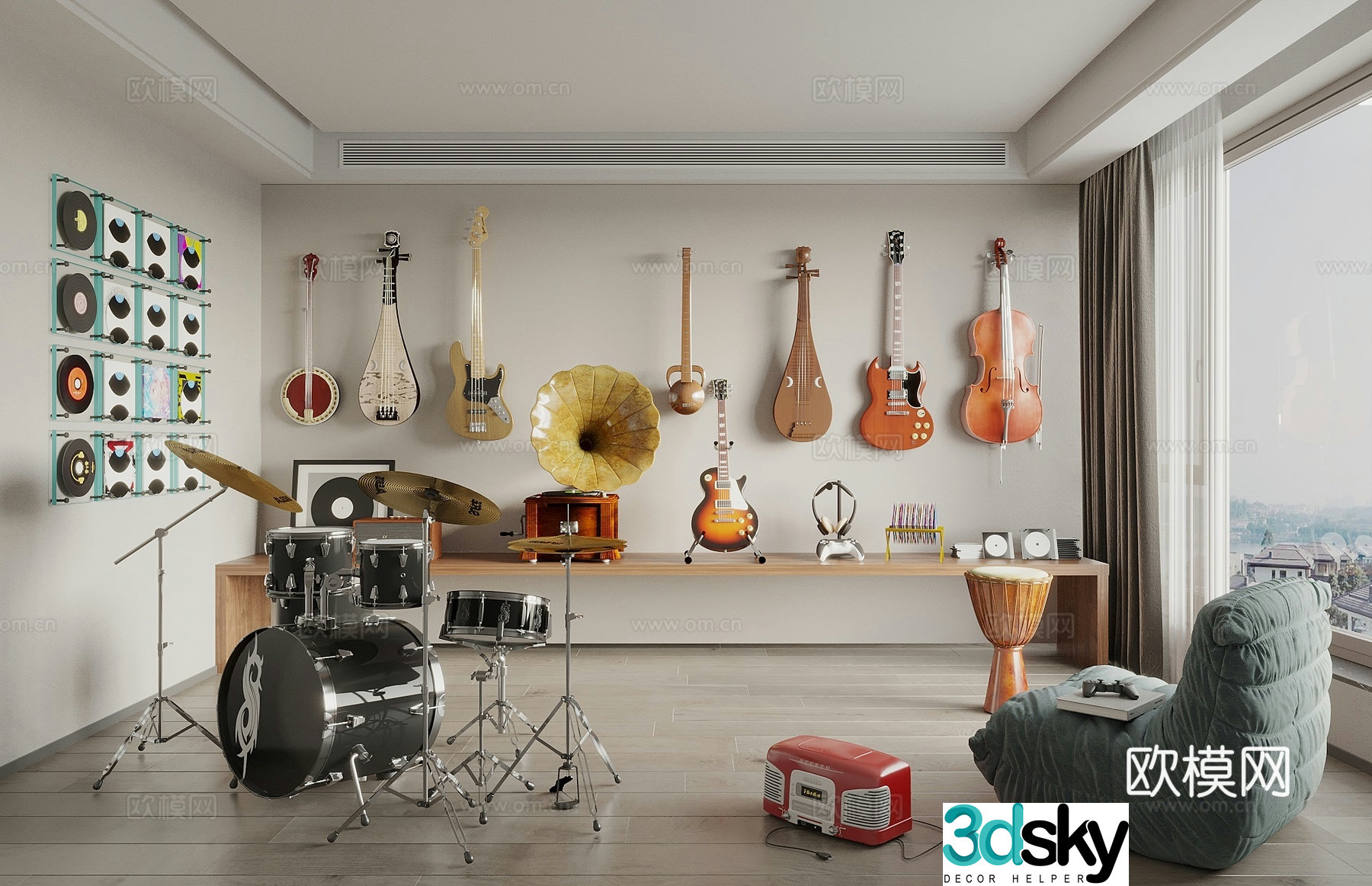 Retro modern musical instruments guzheng guitar drumming pipa drum set musical instrument room 3d model