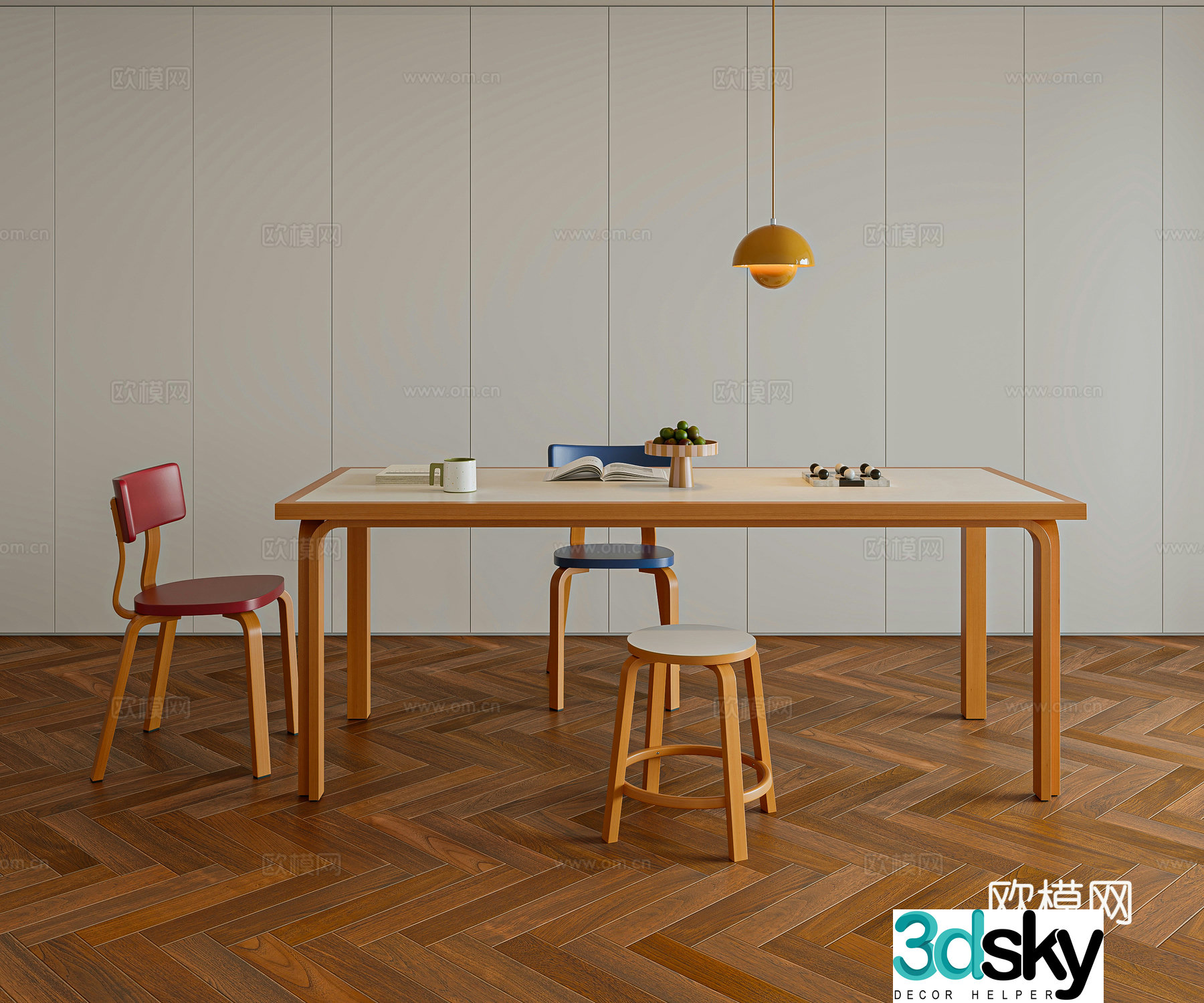 colorful dining table and chairs 3d model
