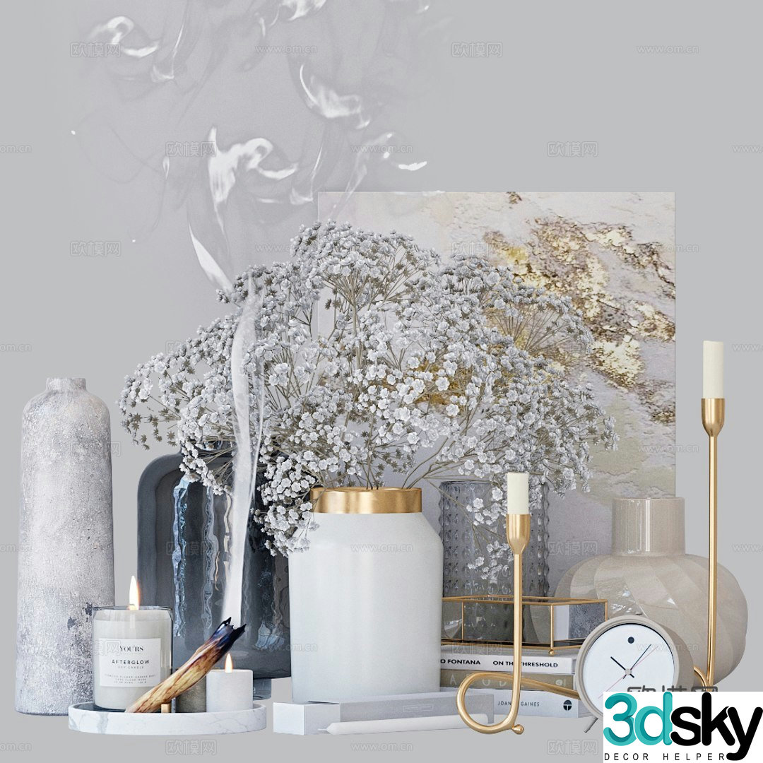 Desktop decorations floral arrangements ceramic jars candlesticks 3D model