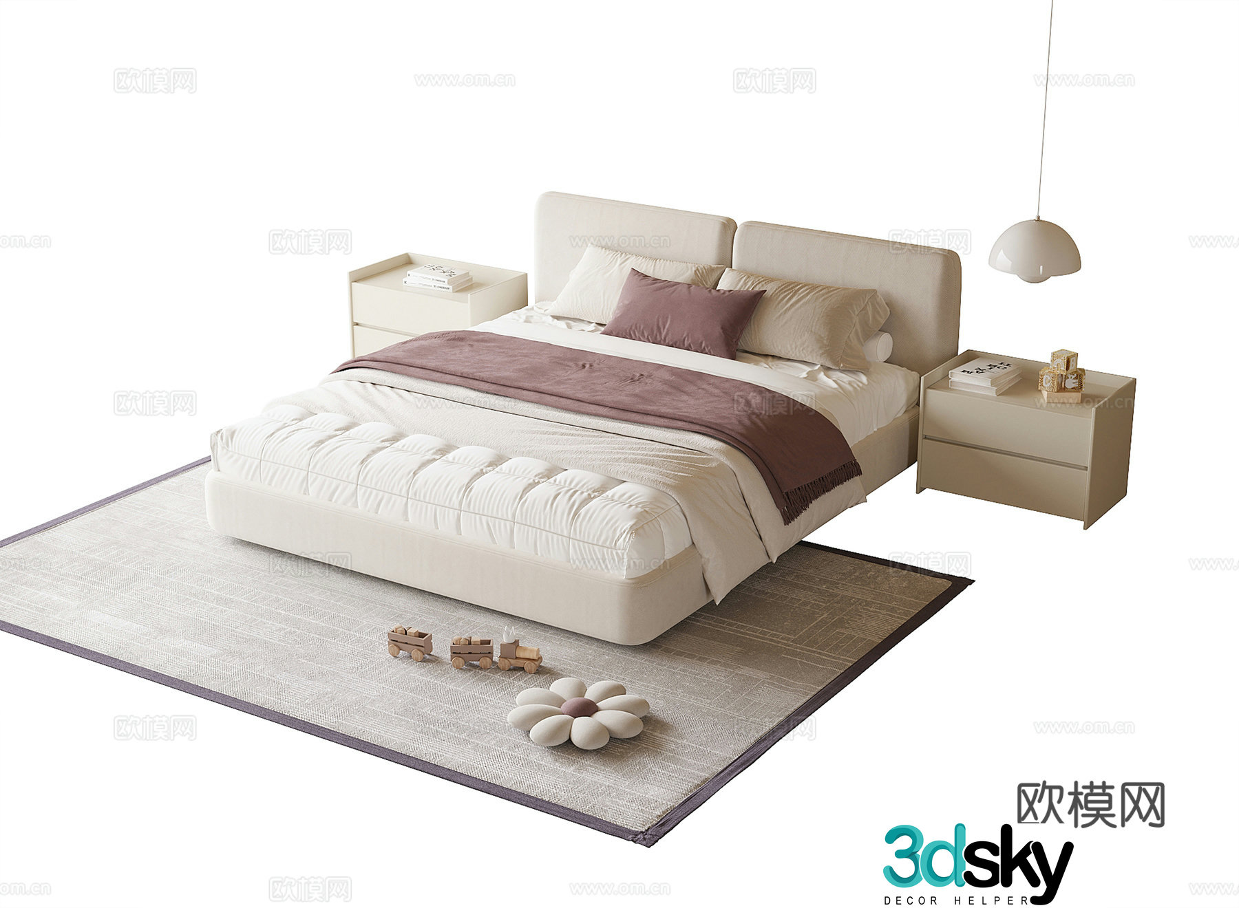 Cream style double bed 3d model