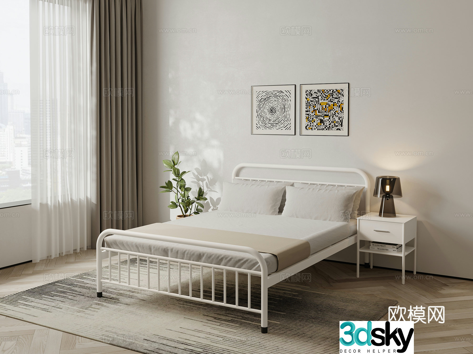 Modern double bed iron frame bed 3d model