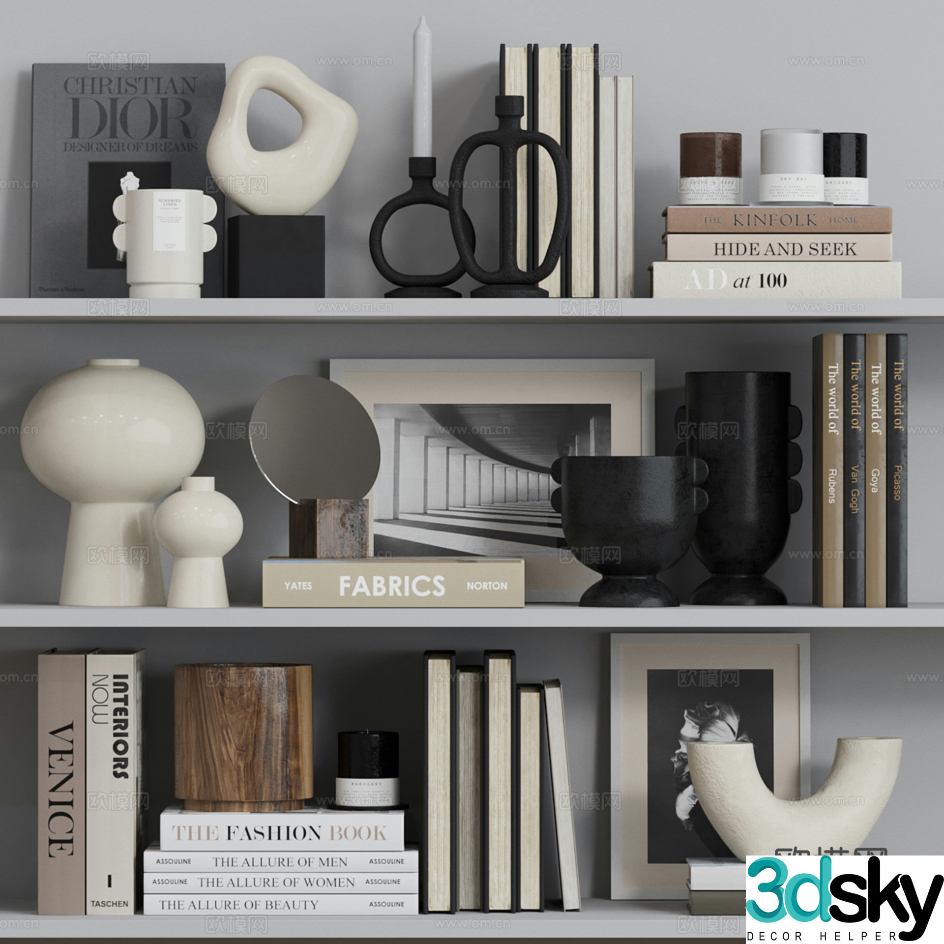 Bookcase ornaments books vase 3d model