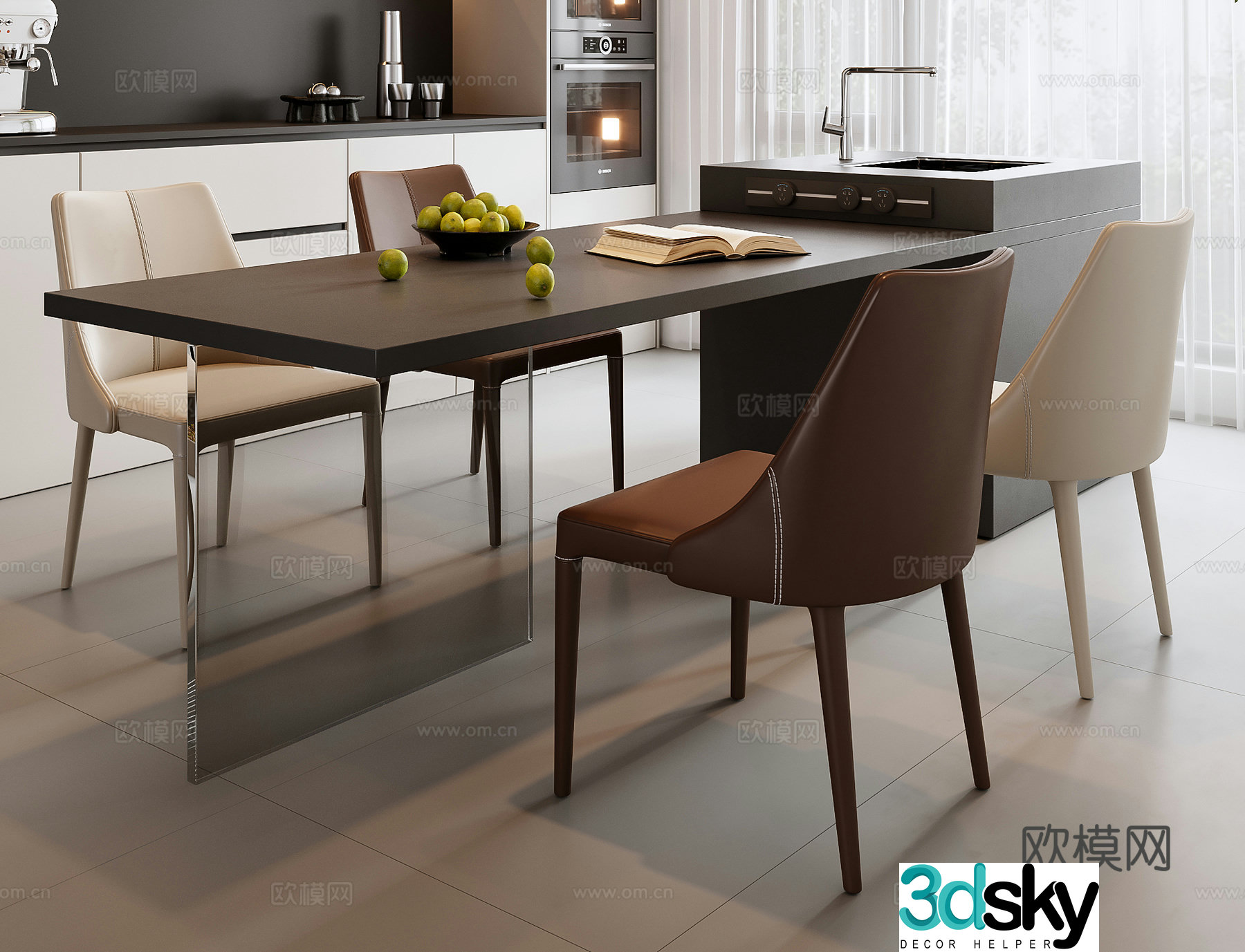 Modern island dining table and chairs 3d model