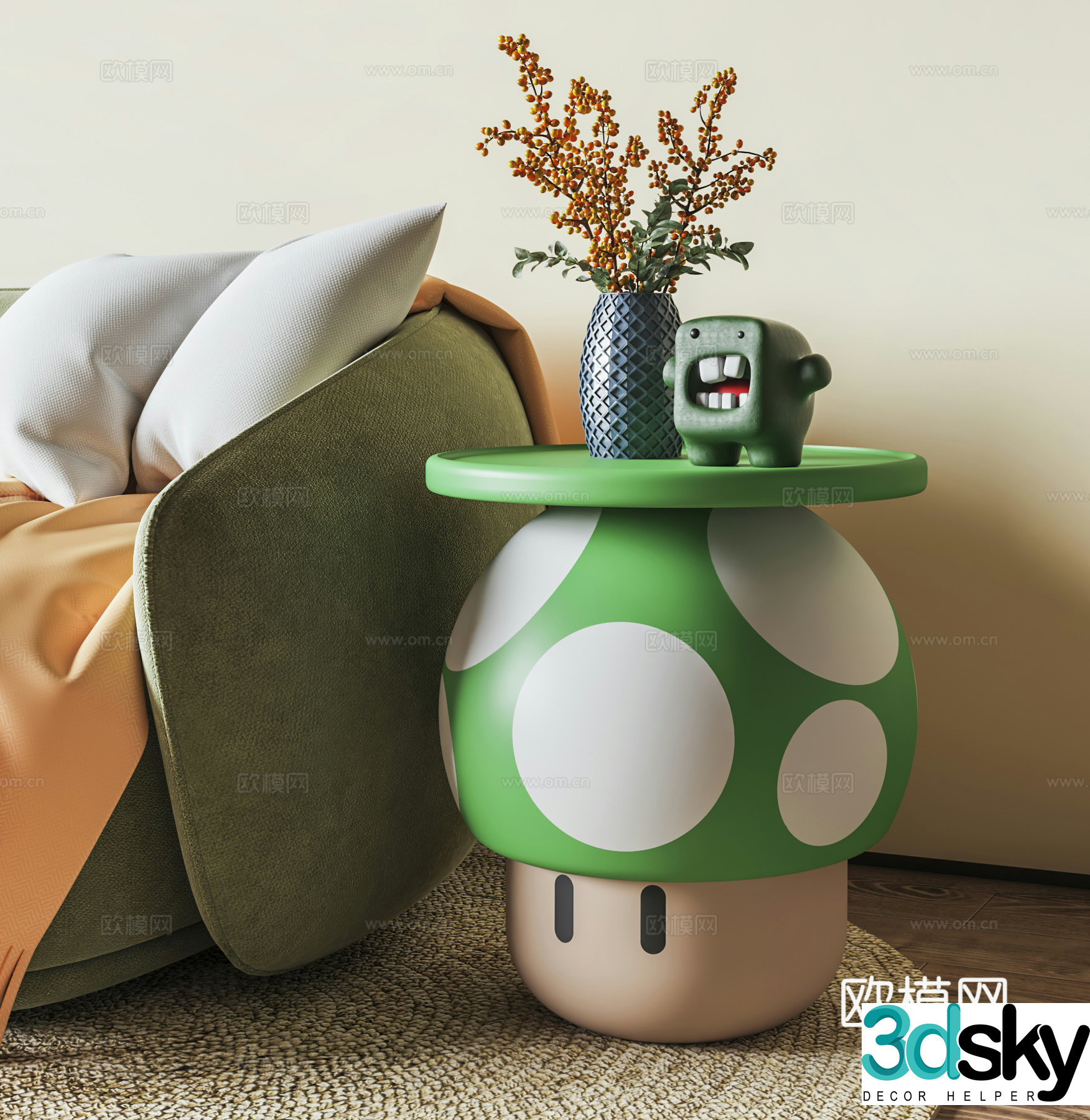 Cream style side table corner table mushroom round table 3D model