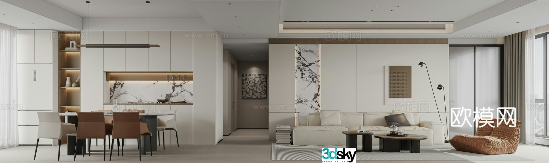 Modern living and dining room 3d model