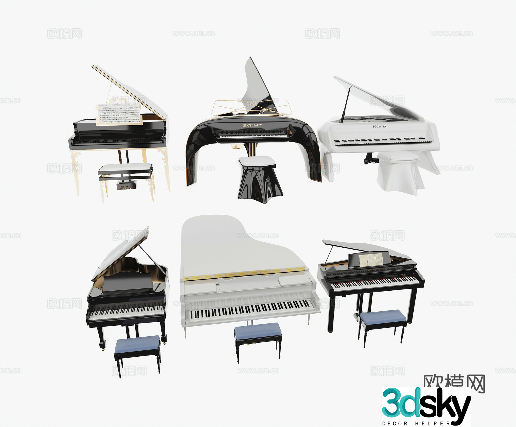 Modern Piano Triangle Piano Stereo Piano Piano Bench 3D Model