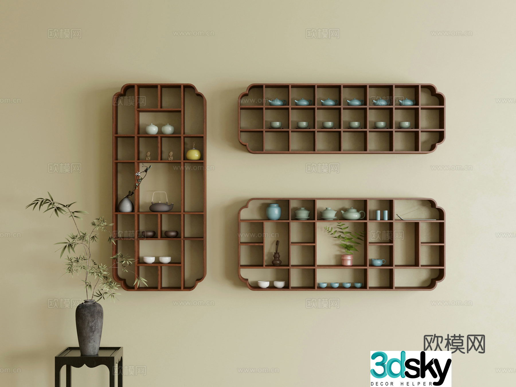 New Chinese style wall cabinet wall-mounted storage rack tea rack 3D model