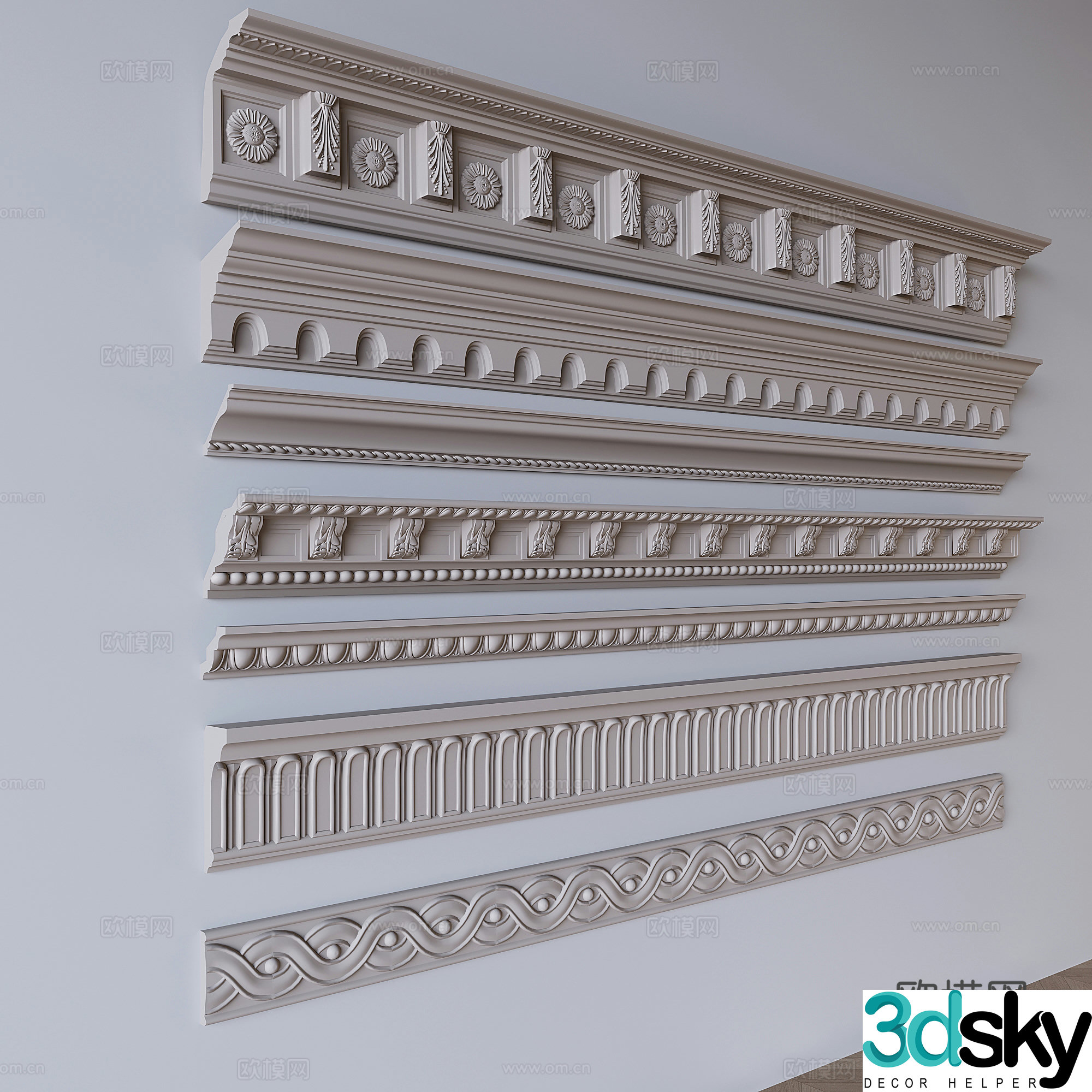 French lines plaster lines decorative waistline 3D model