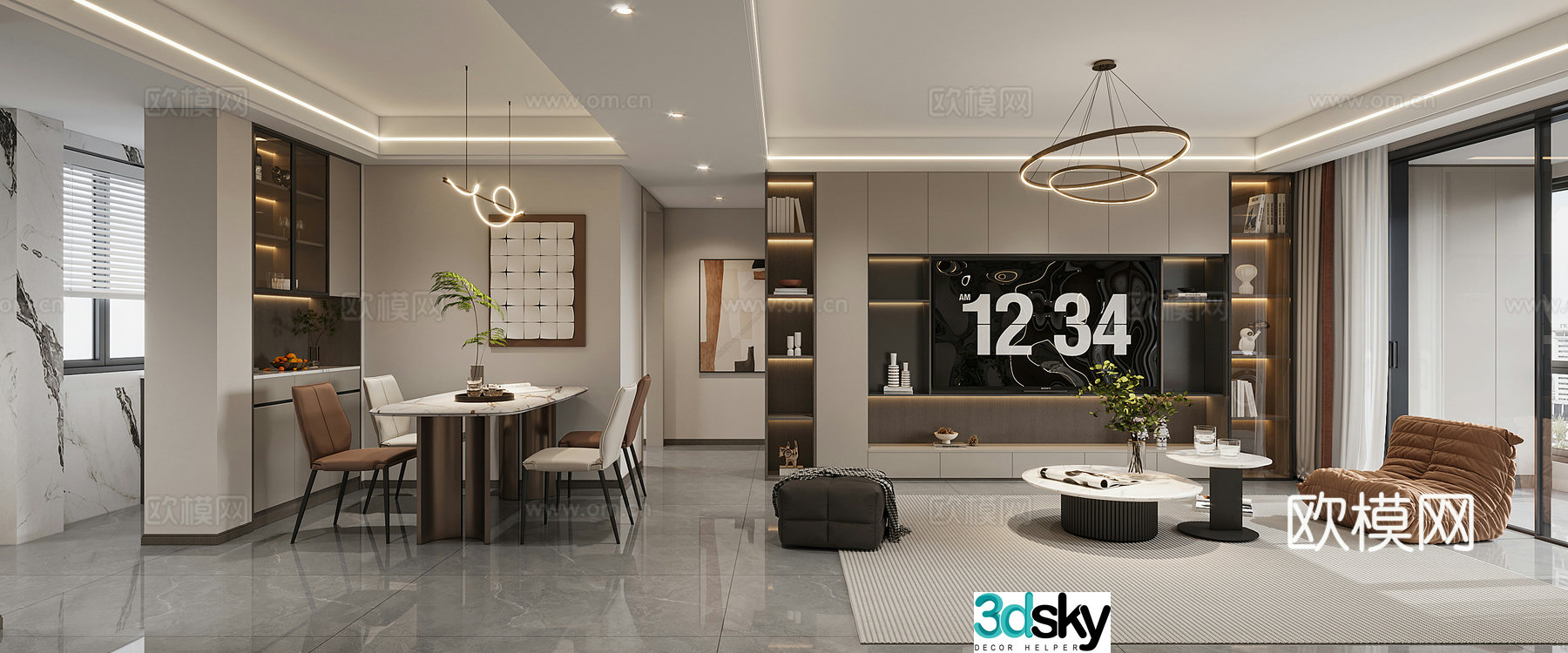 Modern living and dining room 3d model