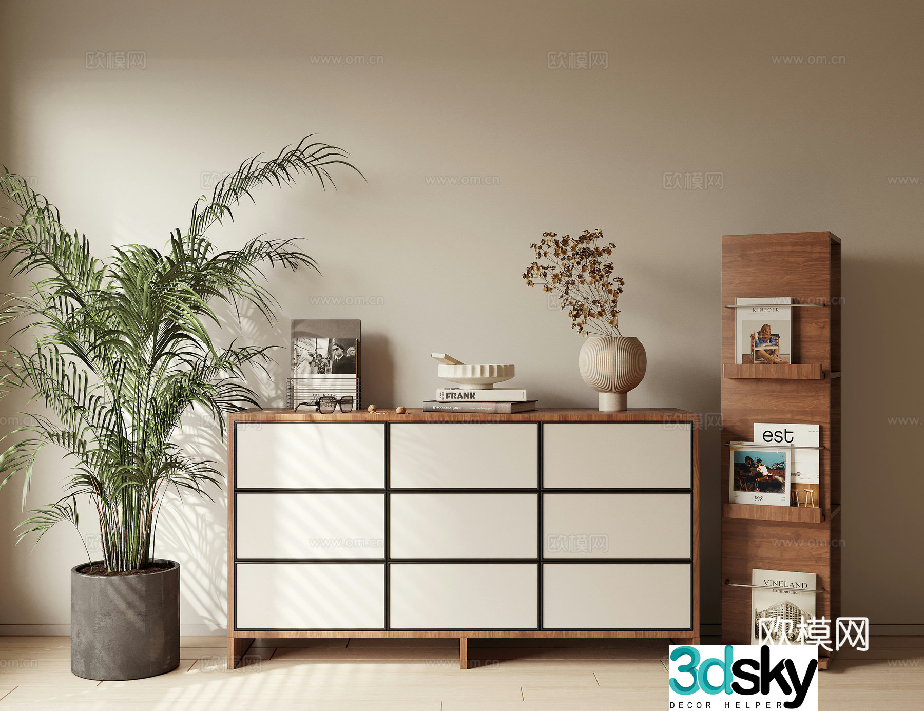 Wabi-sabi low cabinet chest of drawers entrance cabinet magazine rack 3D model