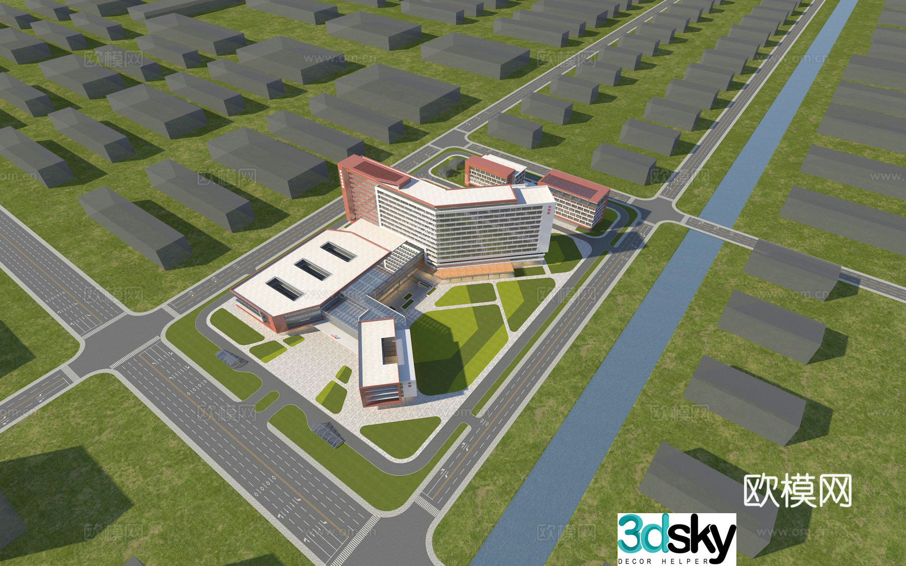 Modern hospital aerial view 3d model