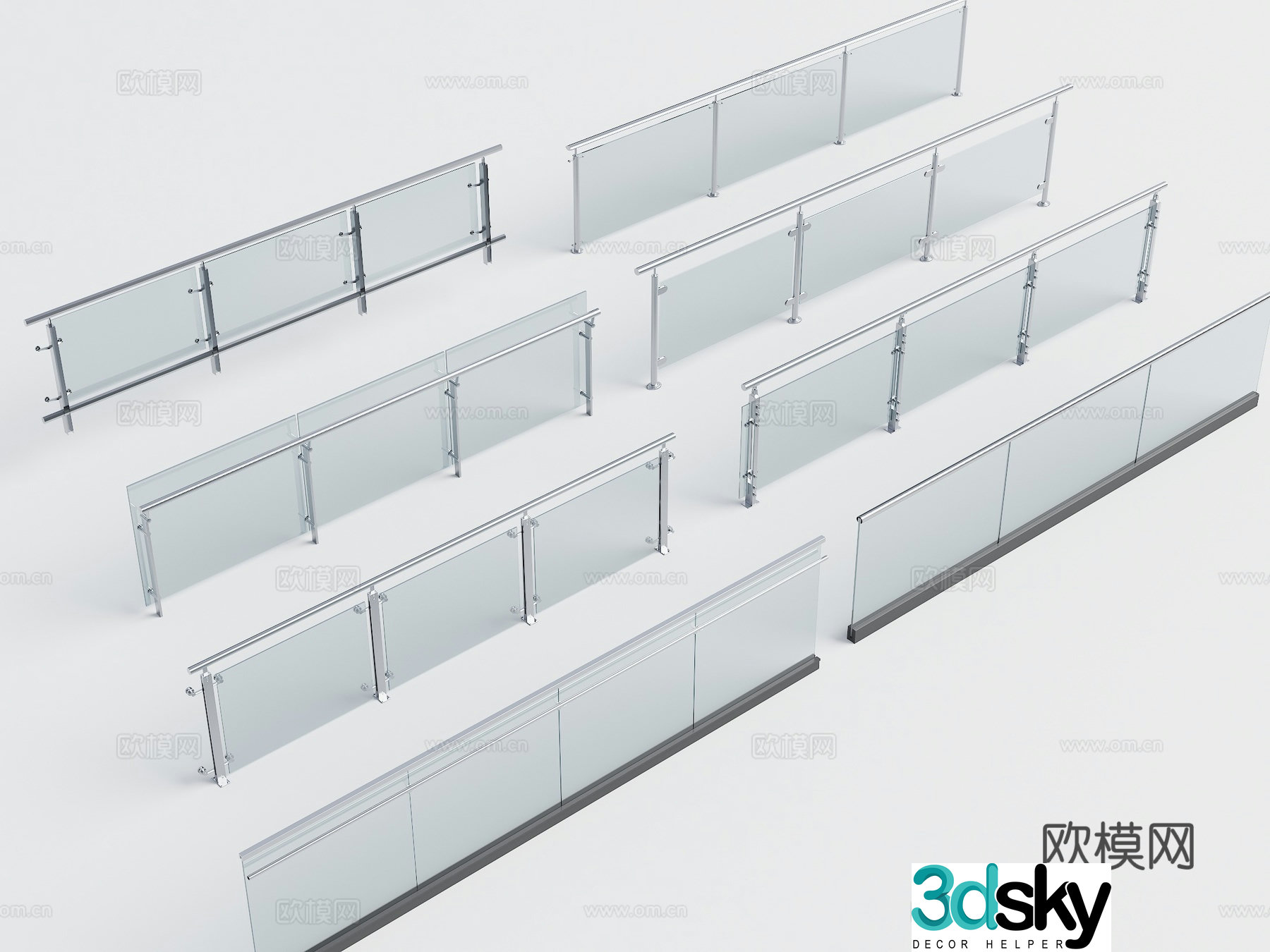 modern glass railing glass guardrail fence 3d model