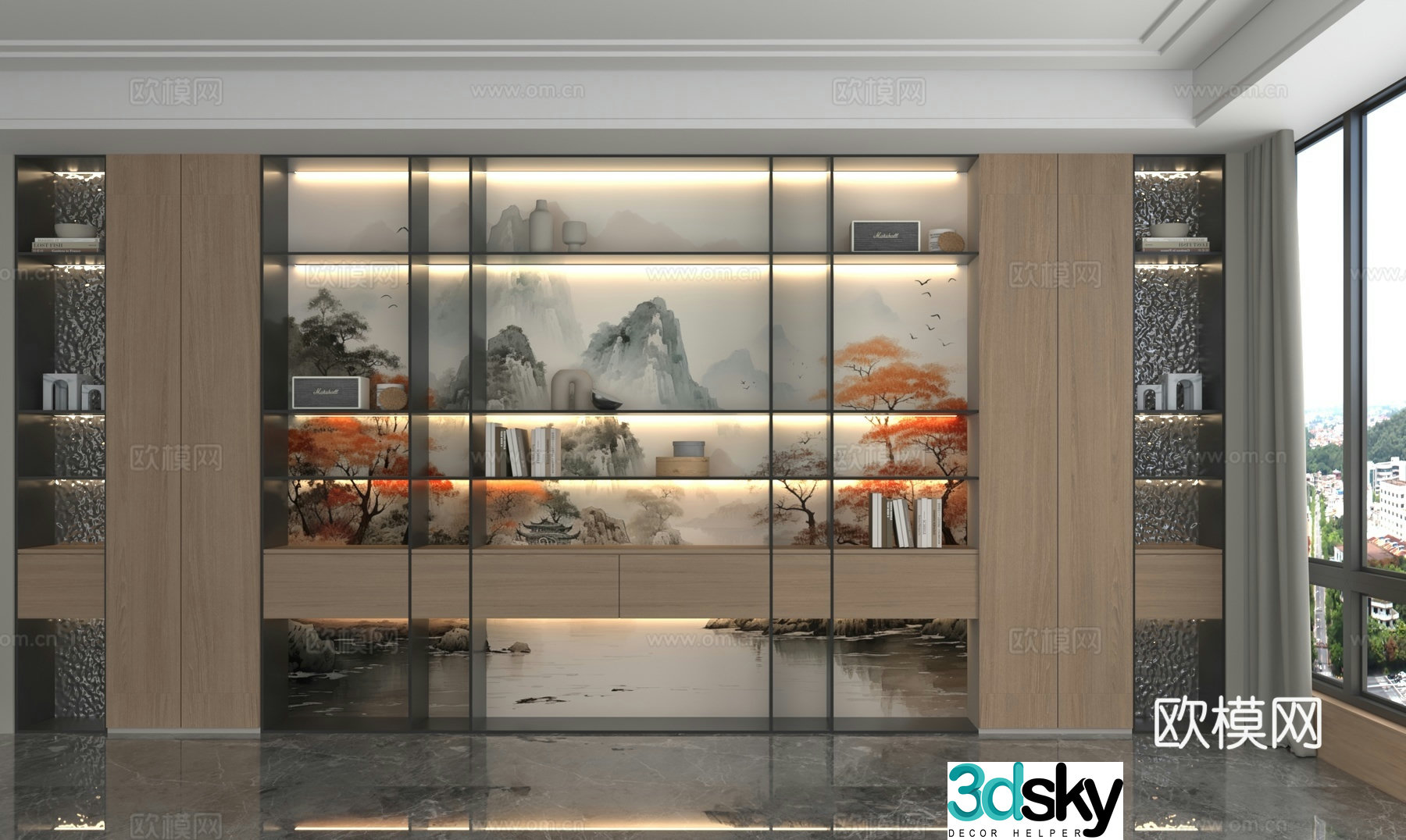 New Chinese style bookcase whole wall background cabinet 3D model