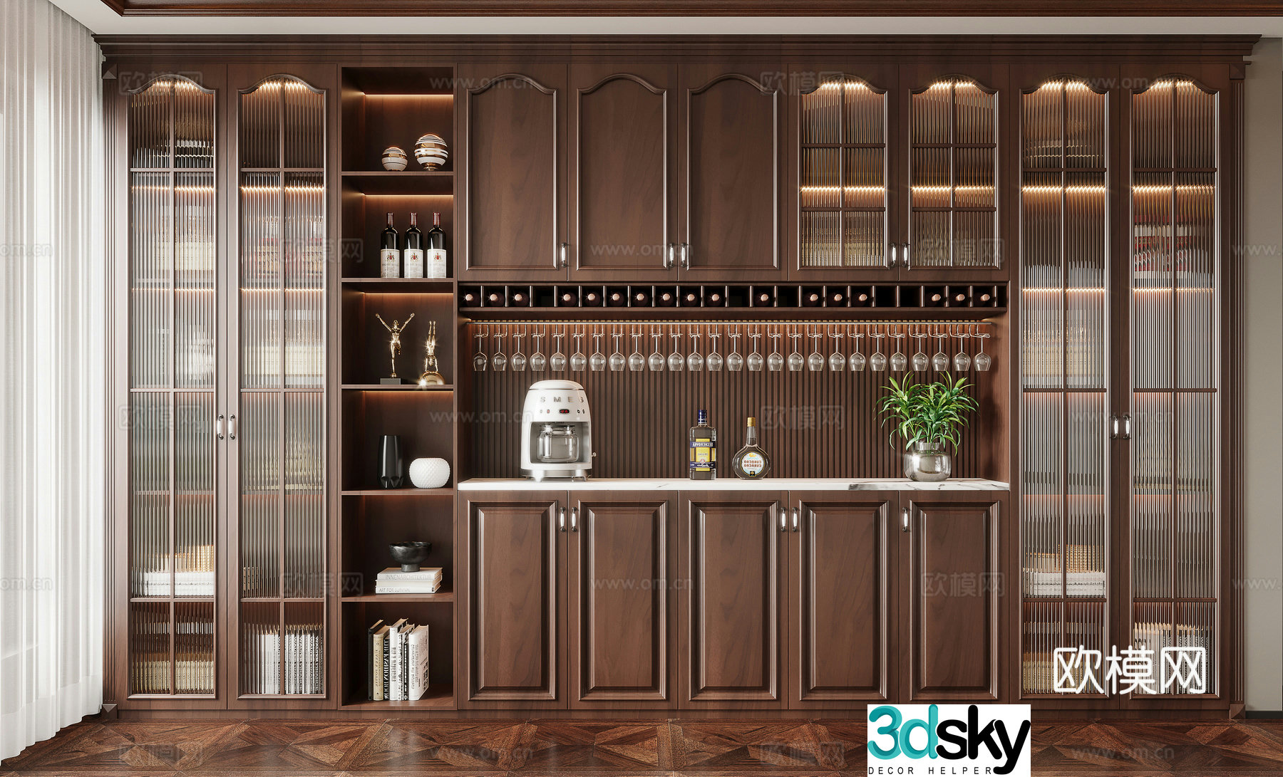 American solid wood sideboard glass wine cabinet 3D model