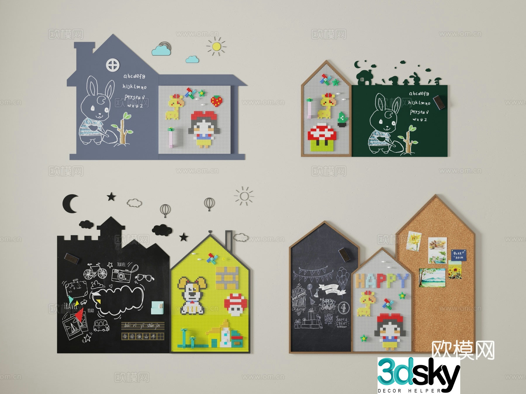 Children’s room building block blackboard wall cork board 3d model