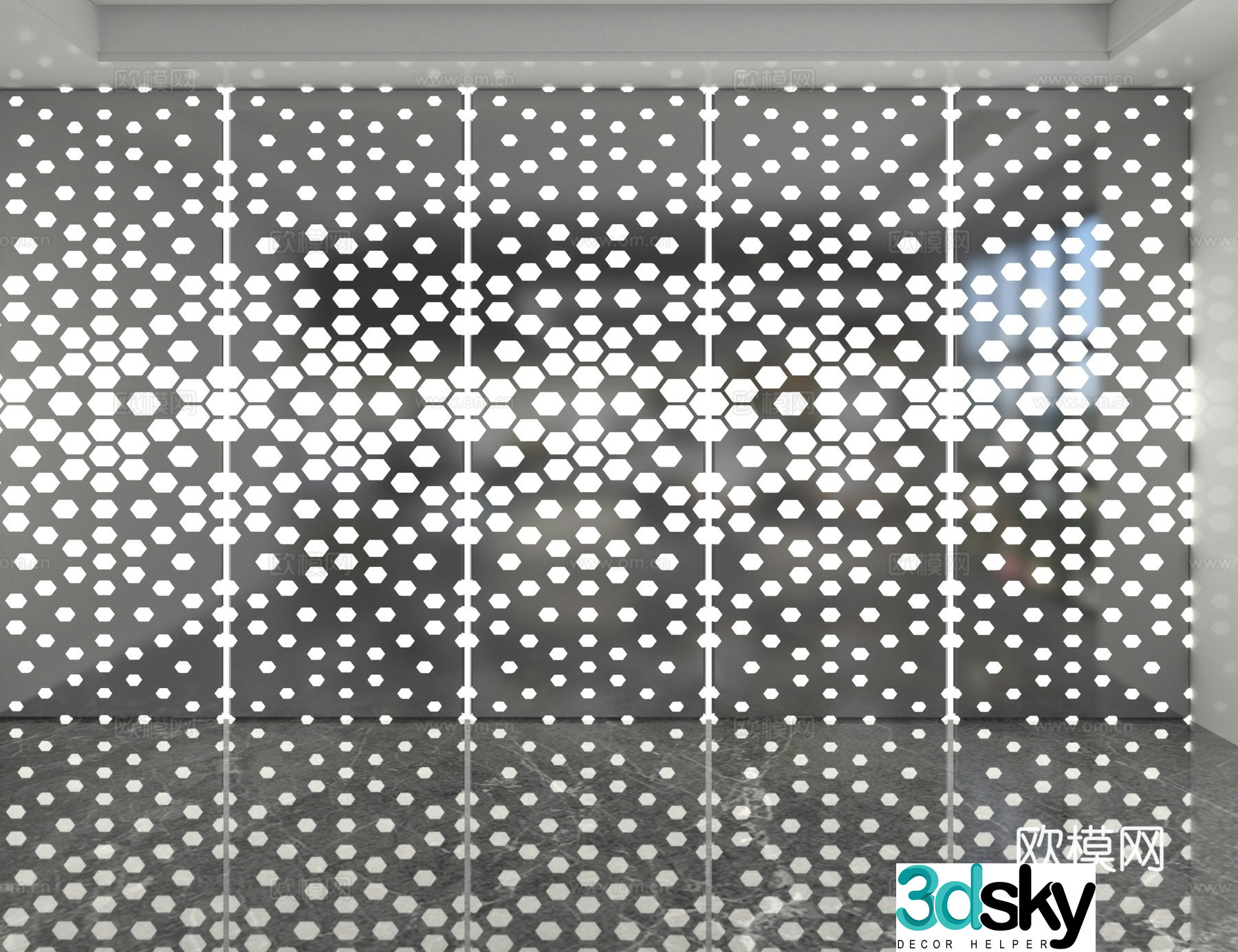 Modern perforated board illuminated background wall 3d model