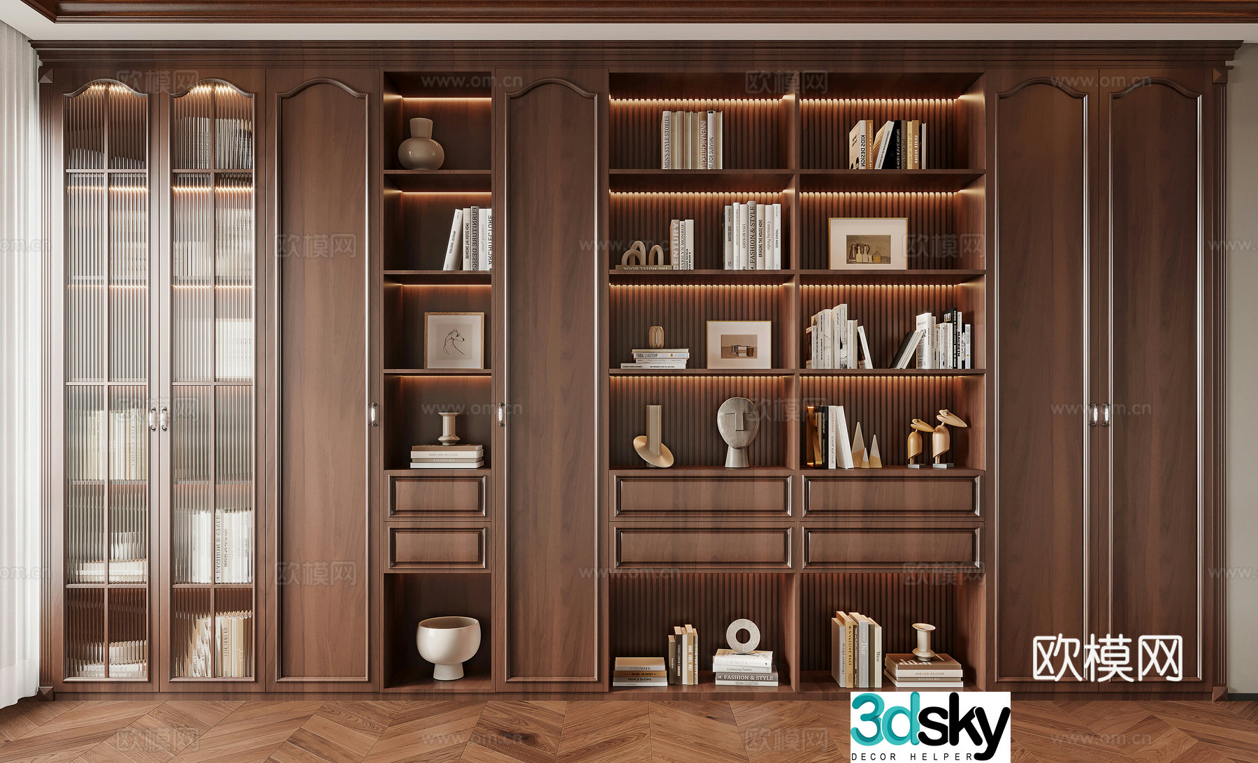 American solid wood bookcase glass bookcase 3d model