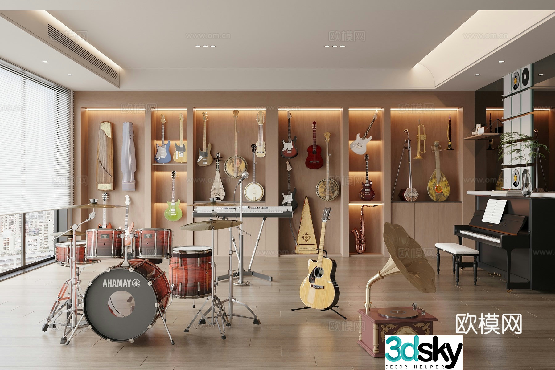 Musical equipment guitar guzheng drum set piano 3d model