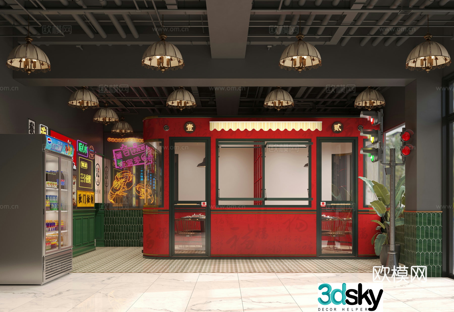Industrial style barbecue restaurant 3D model of barbecue restaurant
