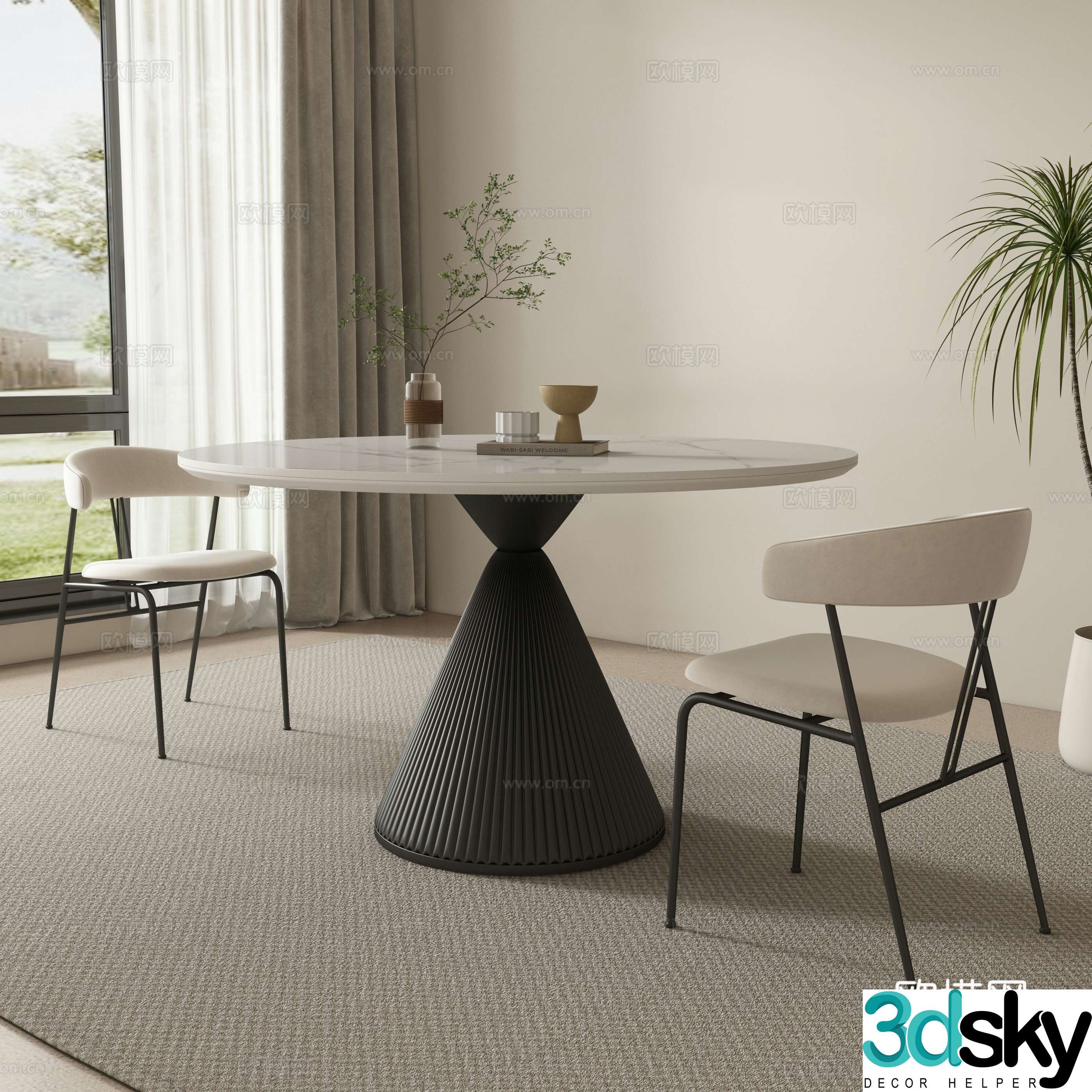 Round dining table and chairs marble dining table 3d model