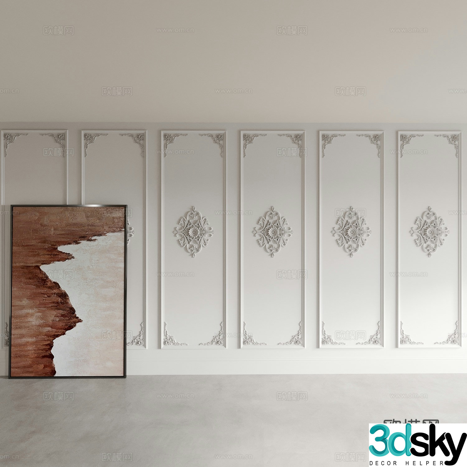 French wainscoting carved plaster lines moldings 3D model