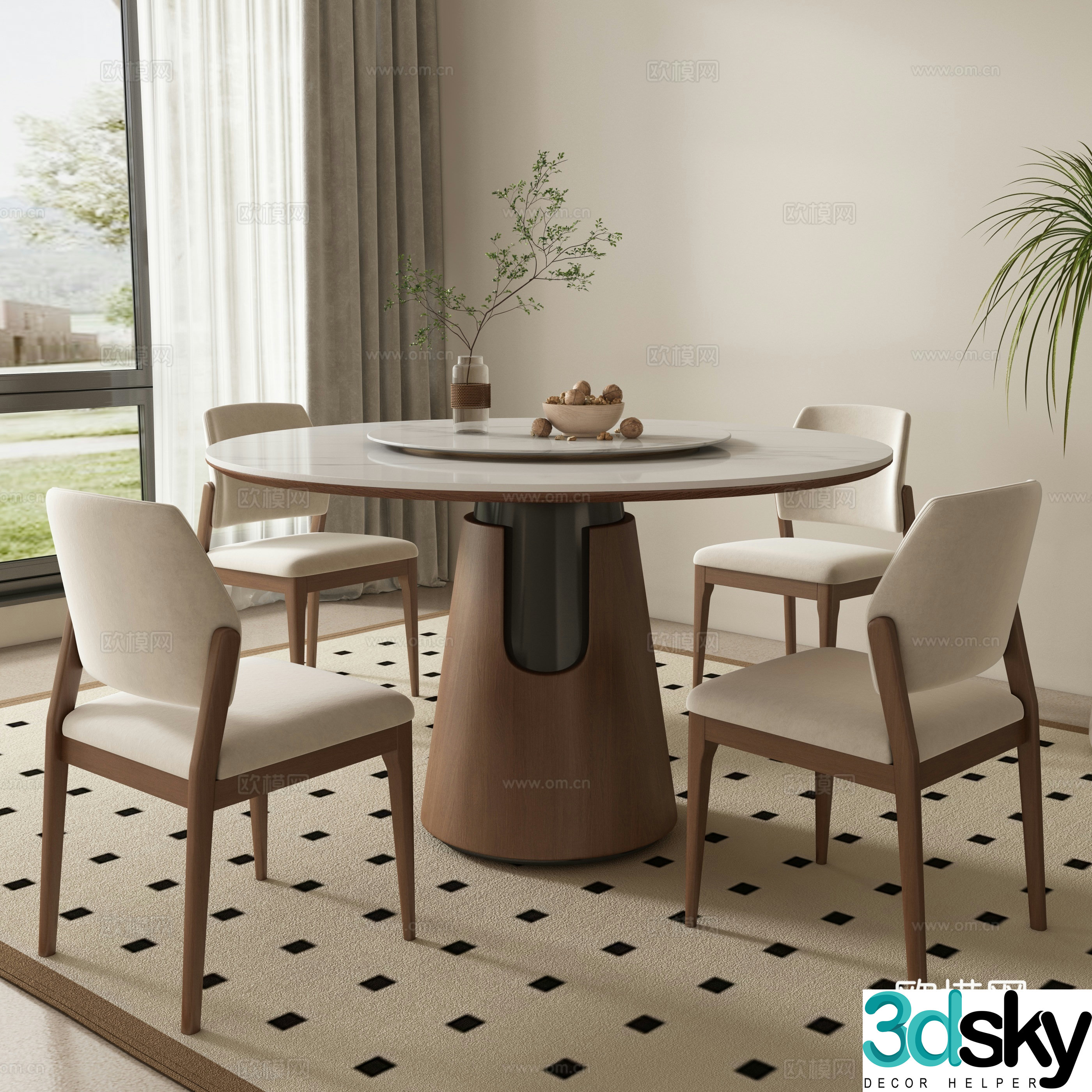 Medieval style dining table and chairs round dining table 3d model
