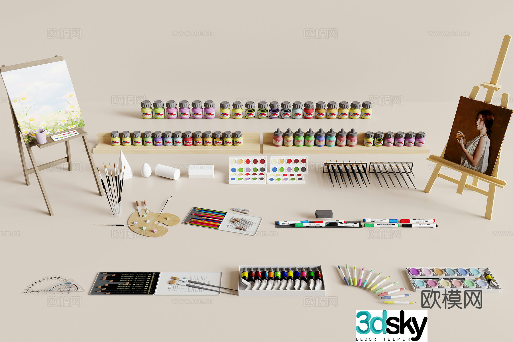 Modern painting tools palette easel 3d model