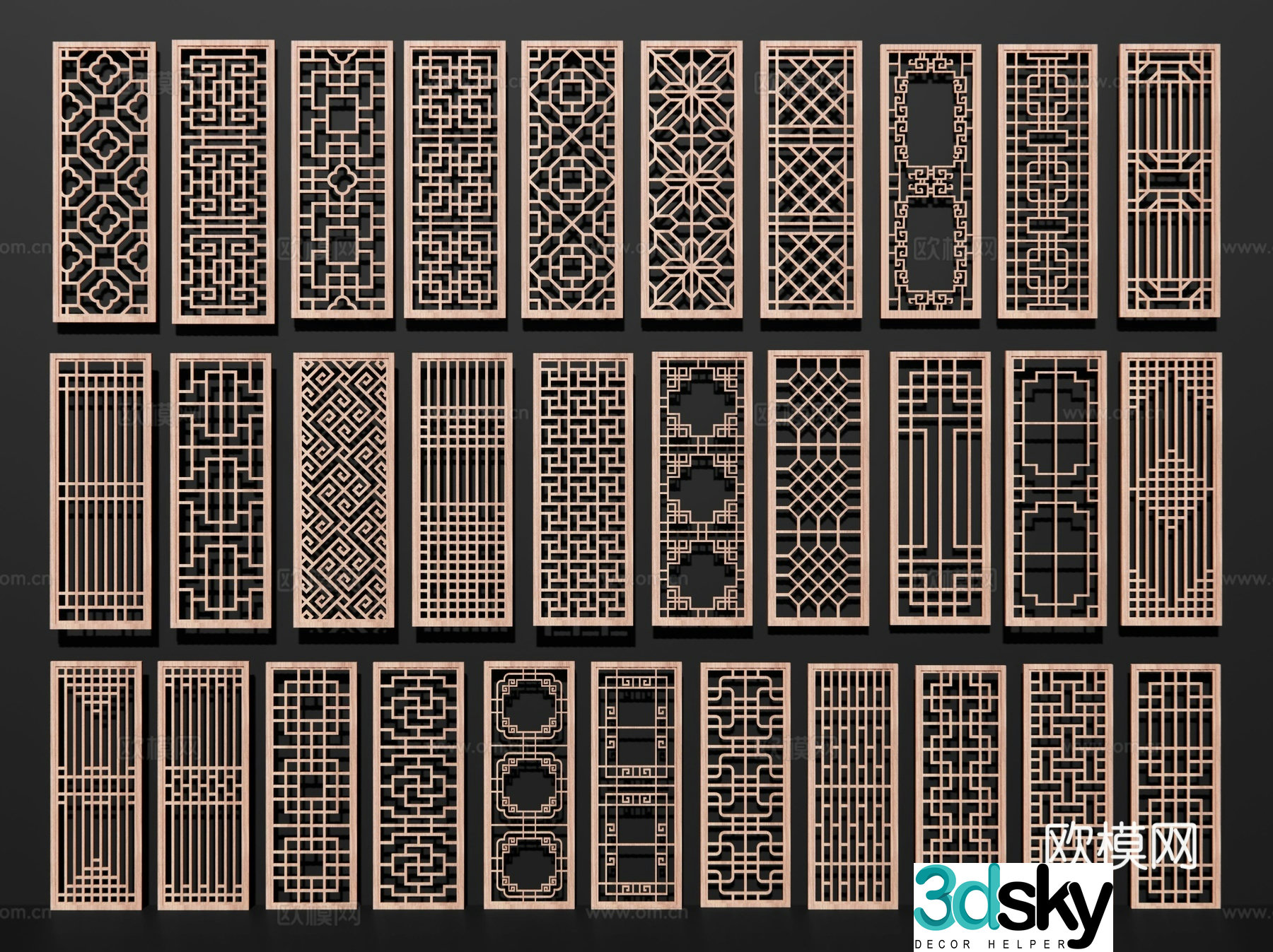 Chinese style hollow lattice wooden window window grille window pane partition 3d model