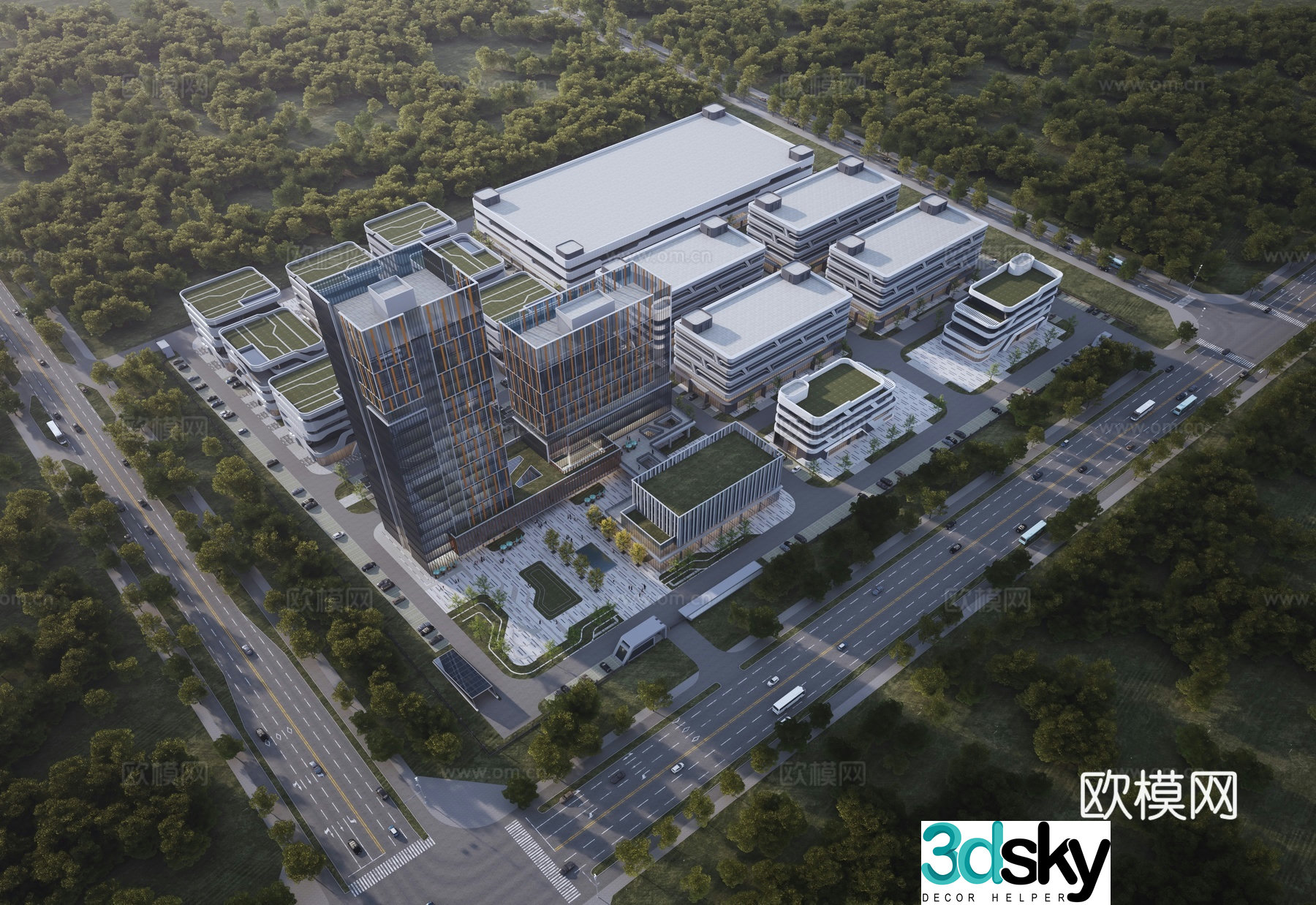 Aerial view of industrial park 3D model of industrial park